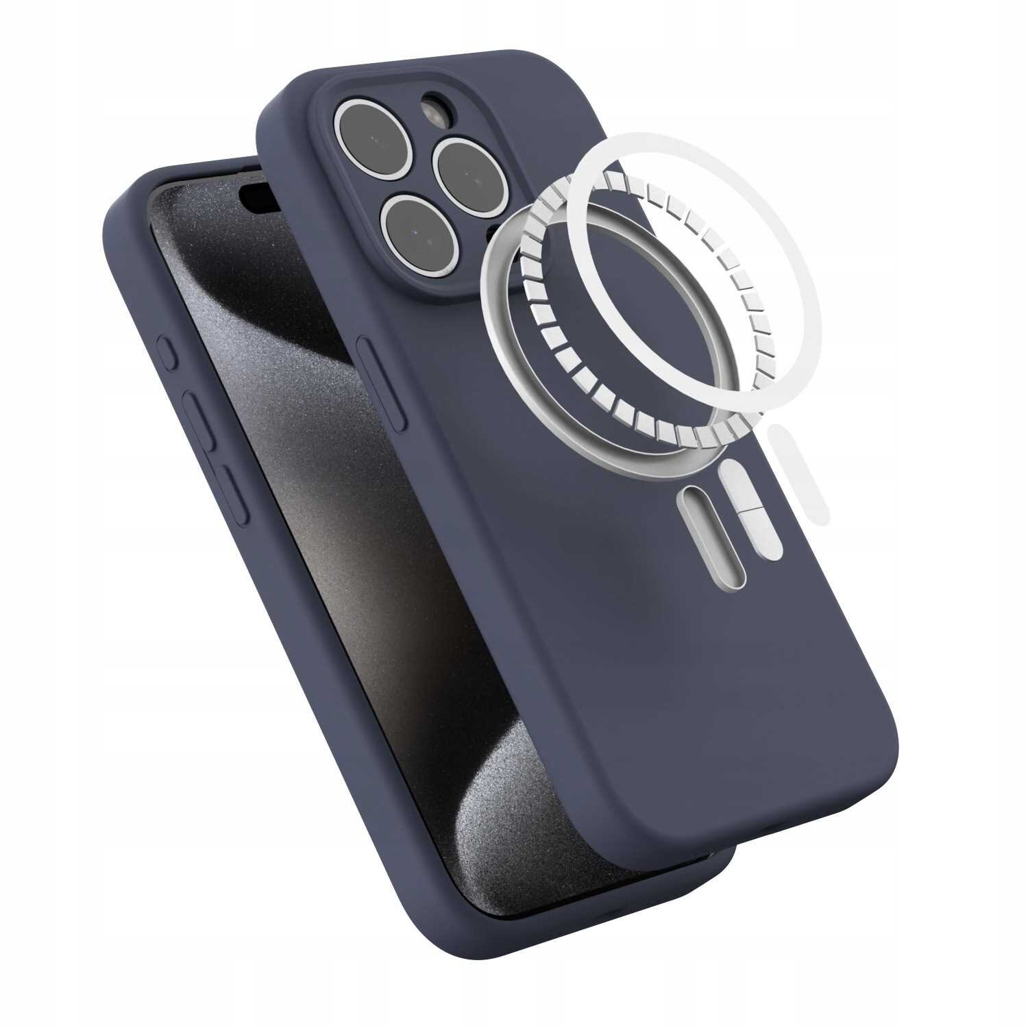 Niebieskie silikonowe etui magnetyczne z MagSafe do iPhone 15 Pro, z widocznymi wycięciami na aparat i przyciski. Obok etui znajduje się schematyczne przedstawienie pierścienia magnetycznego.
