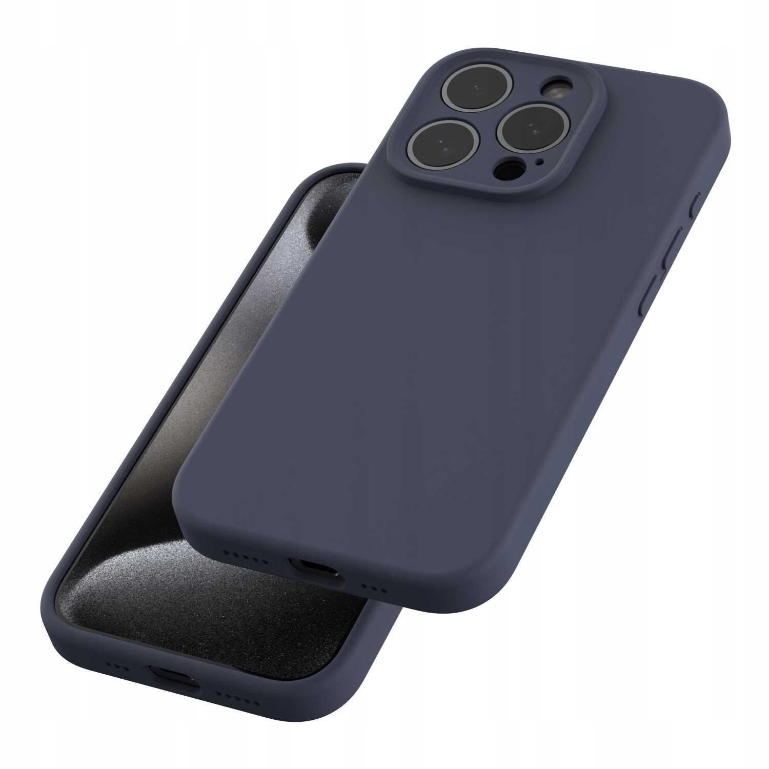 Na obrazie widoczne jest silikonowe etui w kolorze niebieskim, przeznaczone do iPhone 15 Pro, z trzema otworami na aparaty. Etui ma gładką powierzchnię i jest pokazane z dwóch perspektyw: zewnętrznej i wewnętrznej.