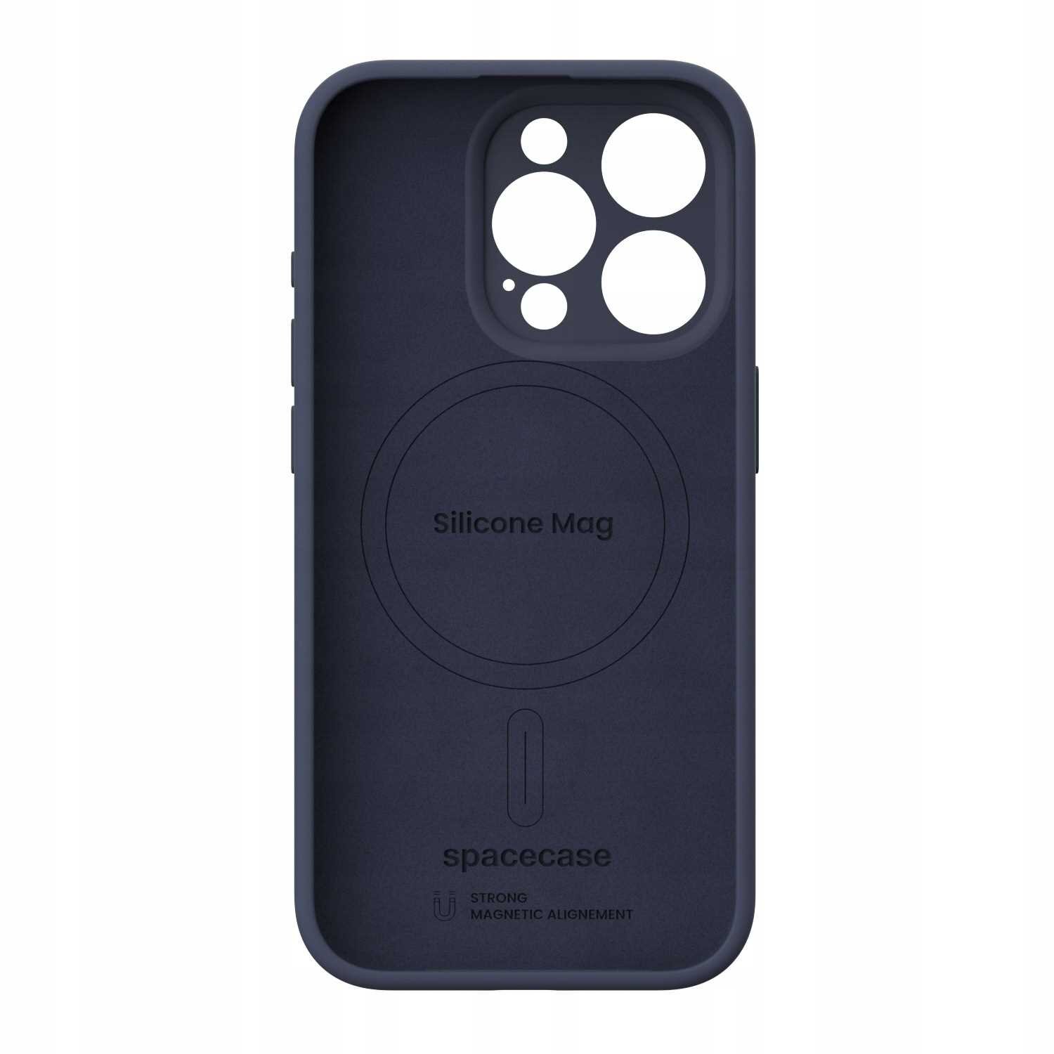 Niebieskie silikonowe etui z wycięciami na aparat i napisem \'Silicone Mag\'. Na dole widoczny jest napis \'spacecase\' oraz \'STRONG MAGNETIC ALIGNMENT\'.