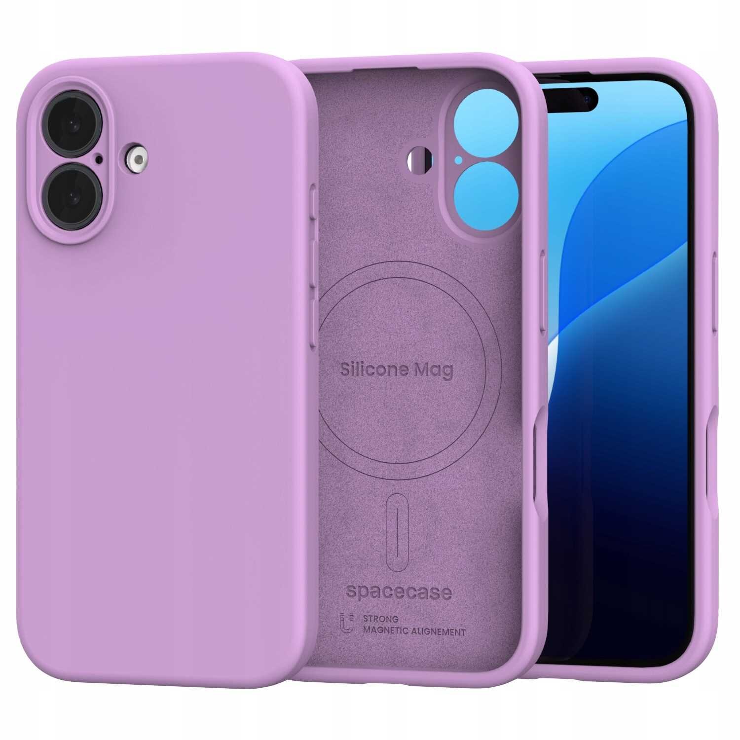 Różowe silikonowe etui magnetyczne z MagSafe do iPhone, z widocznym napisem \'Silicone Mag\' oraz logo \'spacecase\'.