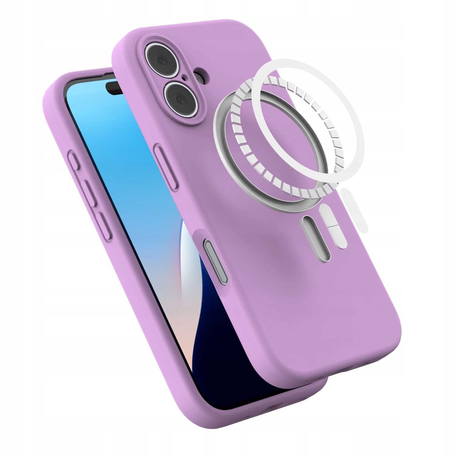 Różowe silikonowe etui z funkcją MagSafe, przeznaczone do iPhone\'a, z widocznymi przyciskami bocznymi i otworami na aparat. Na etui znajduje się schematyczne przedstawienie pierścienia magnetycznego.