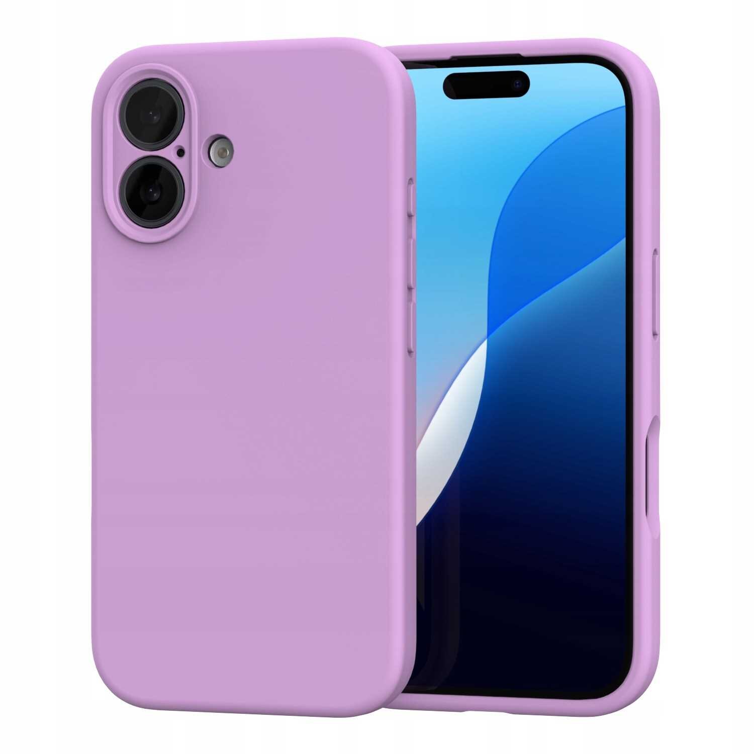 Różowe silikonowe etui na telefon z widocznymi wycięciami na aparat i przyciski. Telefon w etui pokazuje ekran z niebiesko-białą grafiką.