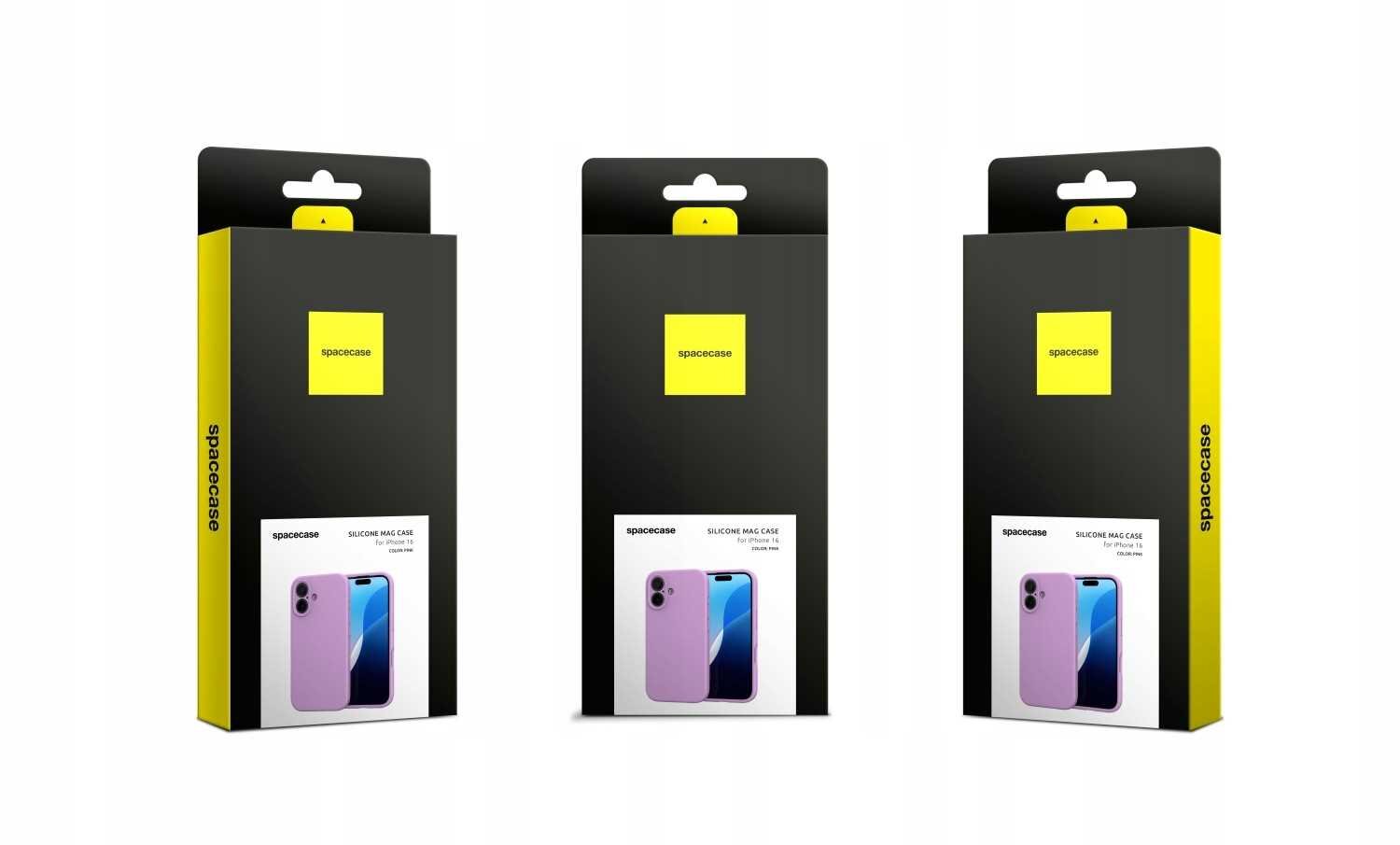 Trzy opakowania produktu SPACECASE Silicone Mag do iPhone 16 w kolorze różowym, z widocznym logo \'spacecase\' na czarnym tle i zdjęciem etui na froncie.