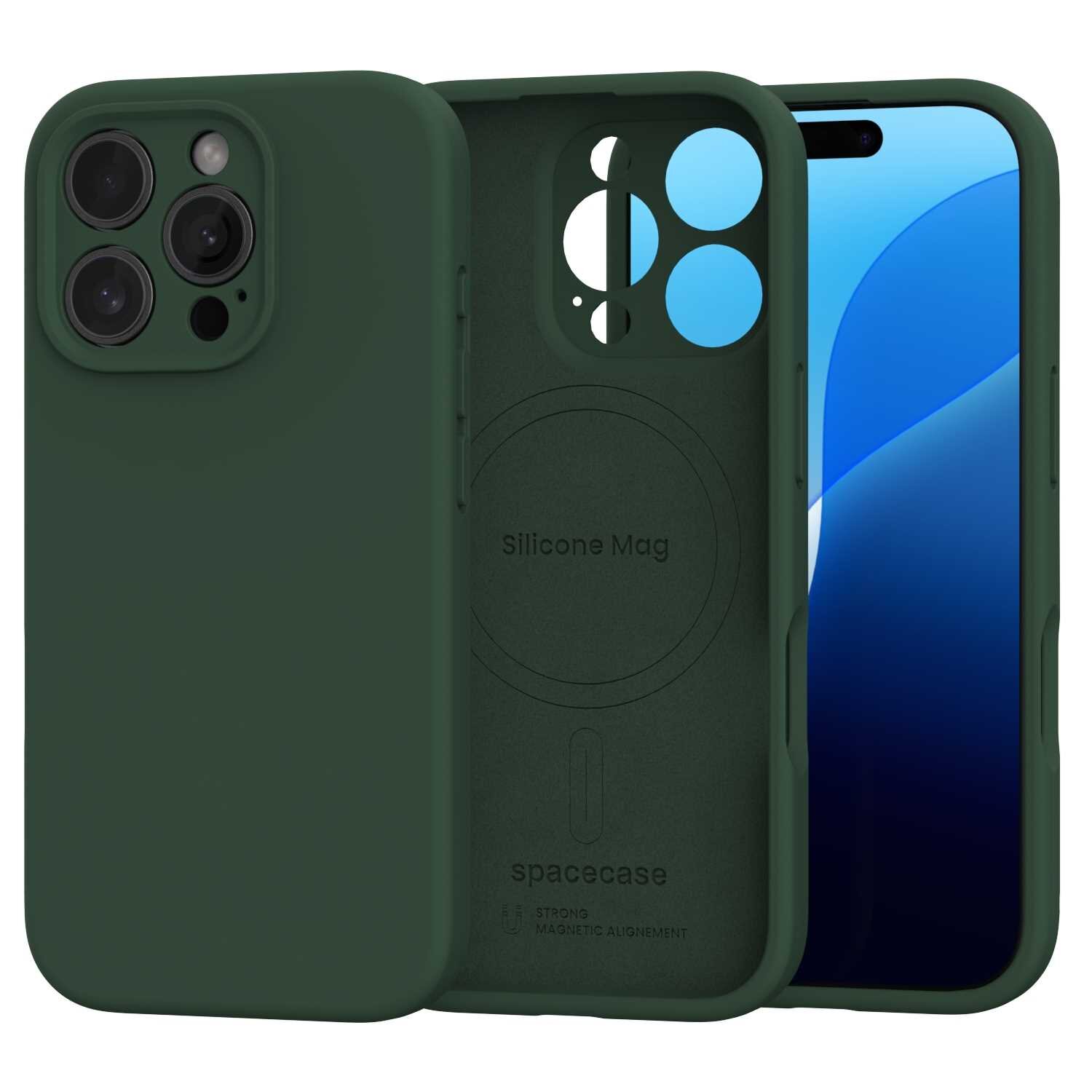 Zielone silikonowe etui magnetyczne z trzema otworami na aparaty i napisem \'Silicone Mag\' wewnątrz. Obok widoczny jest telefon z niebieskim ekranem.