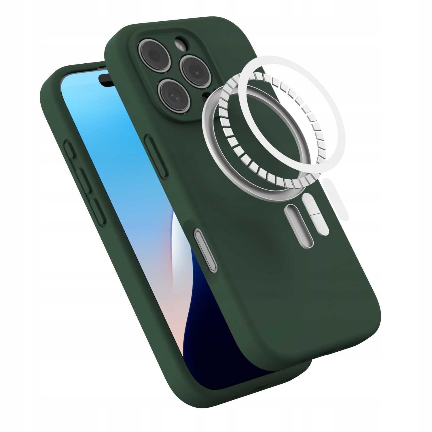 Zielone silikonowe etui z trzema wycięciami na aparaty, przeznaczone do iPhone 16 Pro. Obok etui widoczny jest biały pierścień magnetyczny.