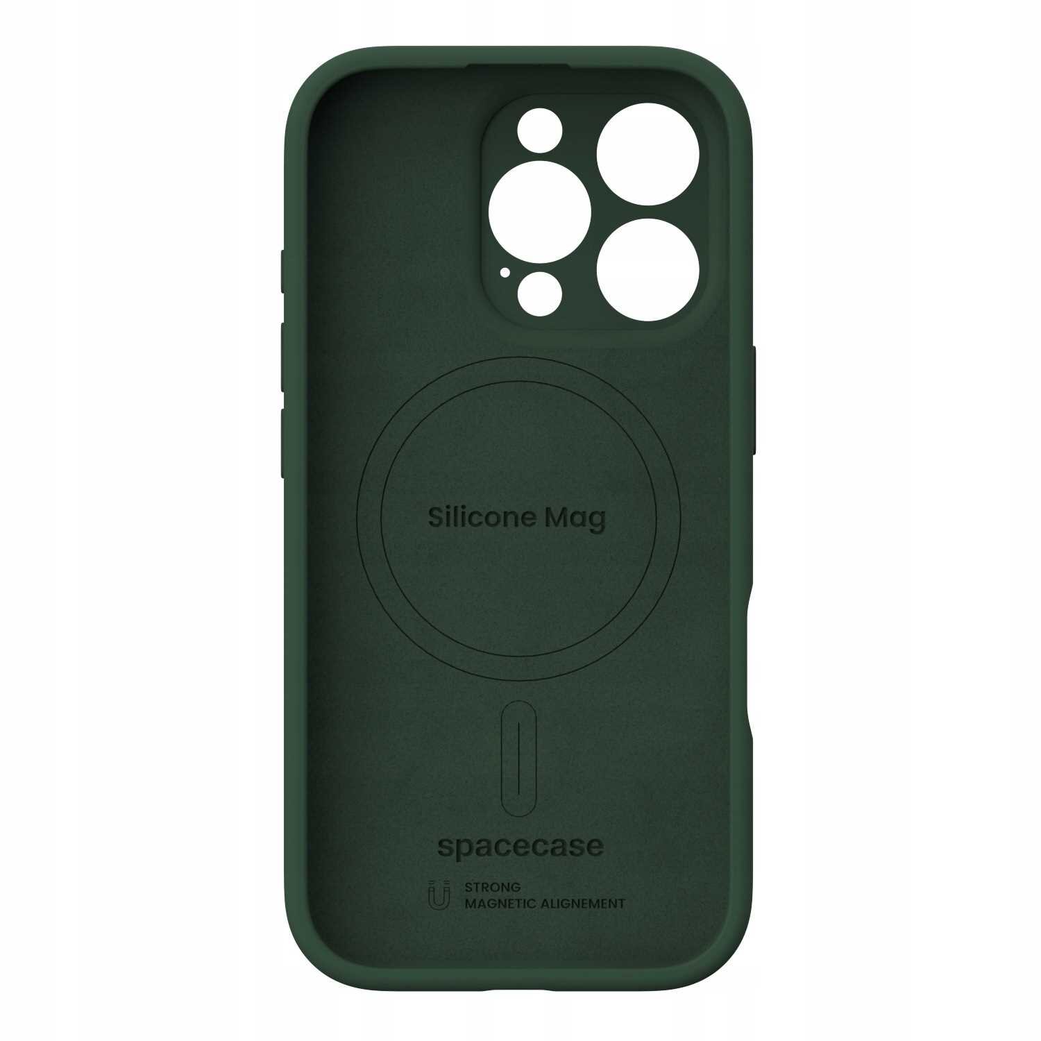 Zielone silikonowe etui z otworami na aparat i napisem \'Silicone Mag\' oraz \'spacecase\'.
