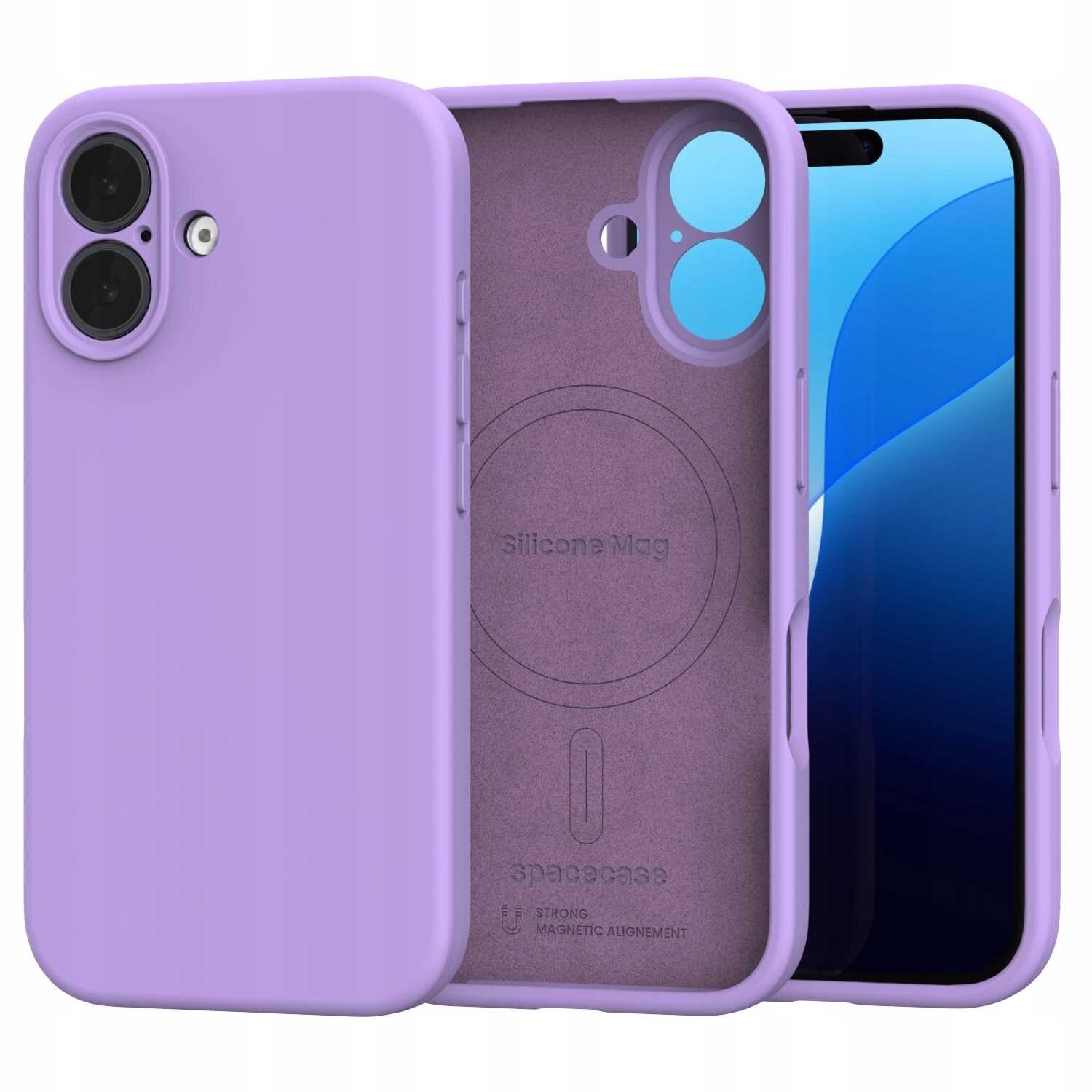 Fioletowe silikonowe etui magnetyczne z widocznymi wycięciami na aparat i przyciski. Wewnątrz etui znajduje się napis \'Silicone Mag\' oraz logo \'spacecase\'.