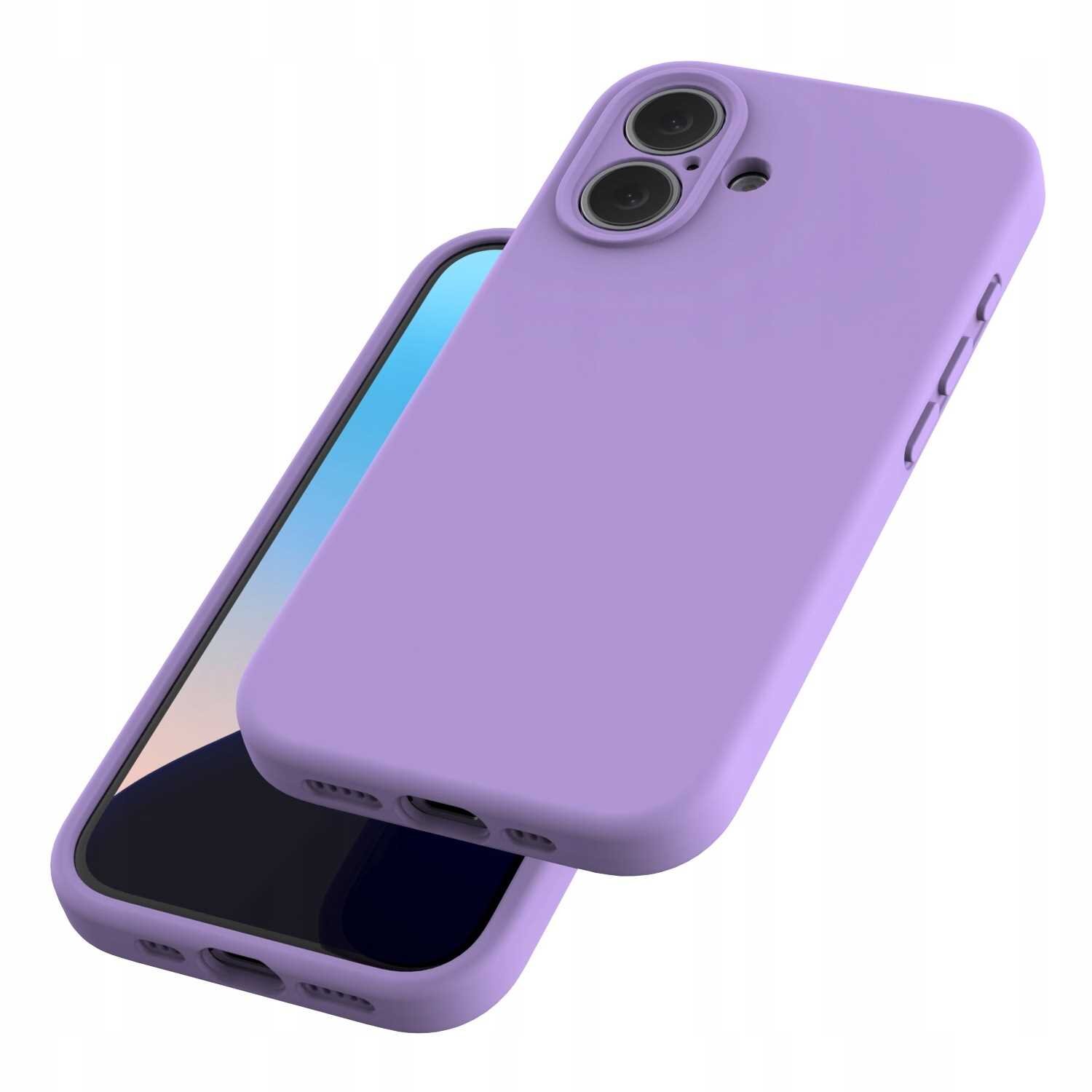 Fioletowe silikonowe etui na telefon z dwoma otworami na aparat i przyciskami bocznymi. Etui jest pokazane na dwóch telefonach, z których jeden ma widoczny ekran.