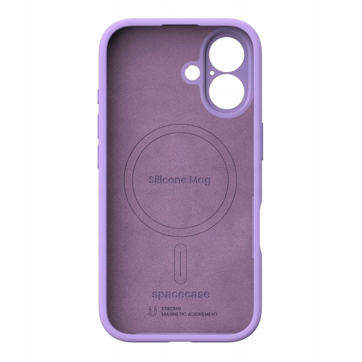 Fioletowe silikonowe etui z okrągłym wycięciem na aparat i napisem \'Silicone Mag\' wewnątrz. Widoczne logo \'spacecase\' oraz napis \'STRONG MAGNETIC ALIGNEMENT\'.