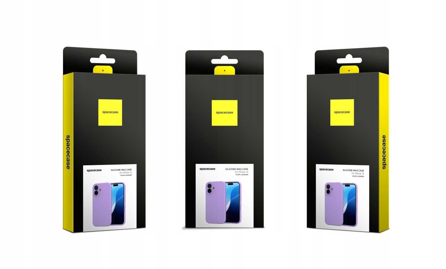 Trzy opakowania produktu z logo \'spacecase\' na czarnym tle z żółtym akcentem. Na każdym opakowaniu widoczny jest obrazek fioletowego etui na telefon.