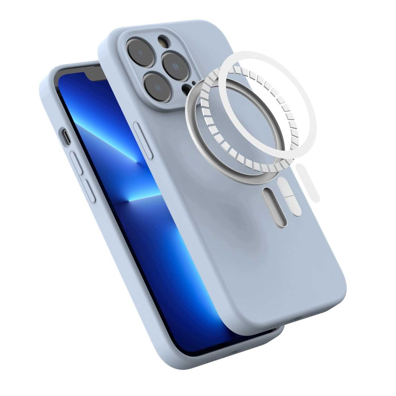 Niebieskie silikonowe etui magnetyczne z MagSafe do iPhone 13 Pro, z widocznym pierścieniem magnetycznym. Etui ma wycięcia na aparat i przyciski boczne.
