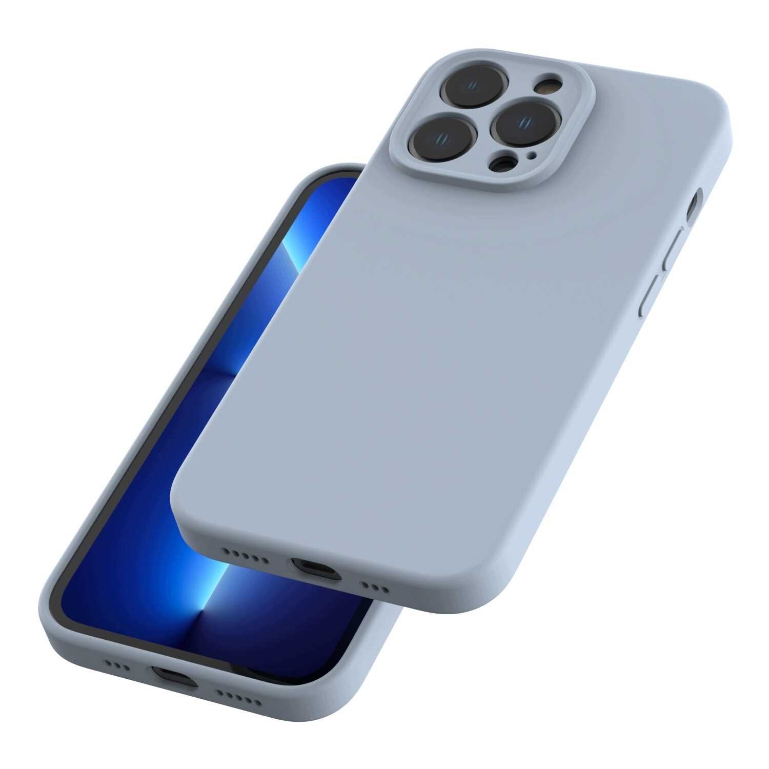 Silikonowe etui magnetyczne w kolorze niebieskim z trzema otworami na aparaty, przeznaczone do iPhone 13 Pro. Widoczna jest także część ekranu telefonu z niebieskim tłem.