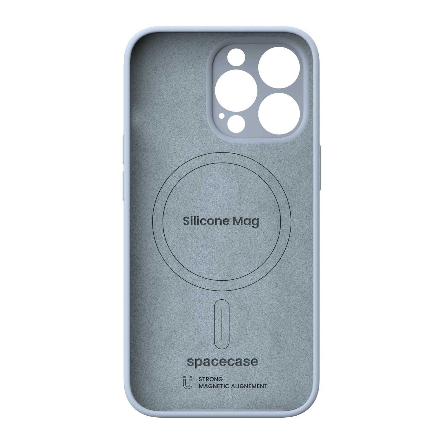 Silikonowe etui magnetyczne w kolorze niebieskim z wycięciami na aparat i napisem \'Silicone Mag\' oraz \'spacecase\'.