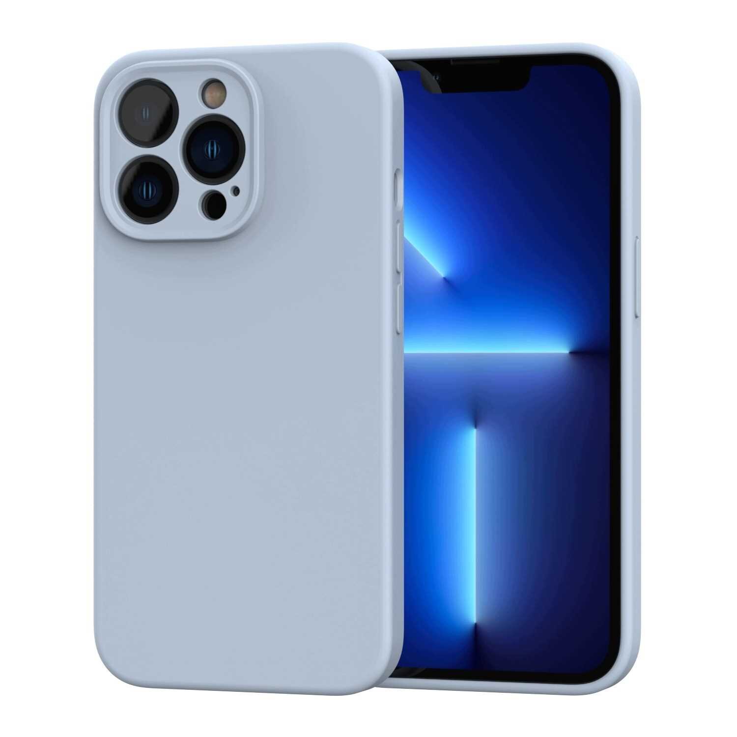 Niebieskie silikonowe etui na smartfon z trzema widocznymi obiektywami aparatu. Telefon wyświetla niebieski wzór na ekranie.