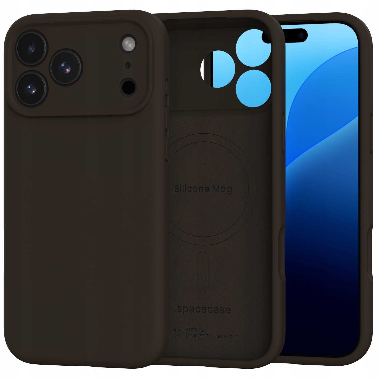 Brązowe silikonowe etui magnetyczne z trzema otworami na aparat i wycięciem na ekran. Wewnątrz widoczny napis \'Silicone Mag\' oraz logo \'spacecase\'.