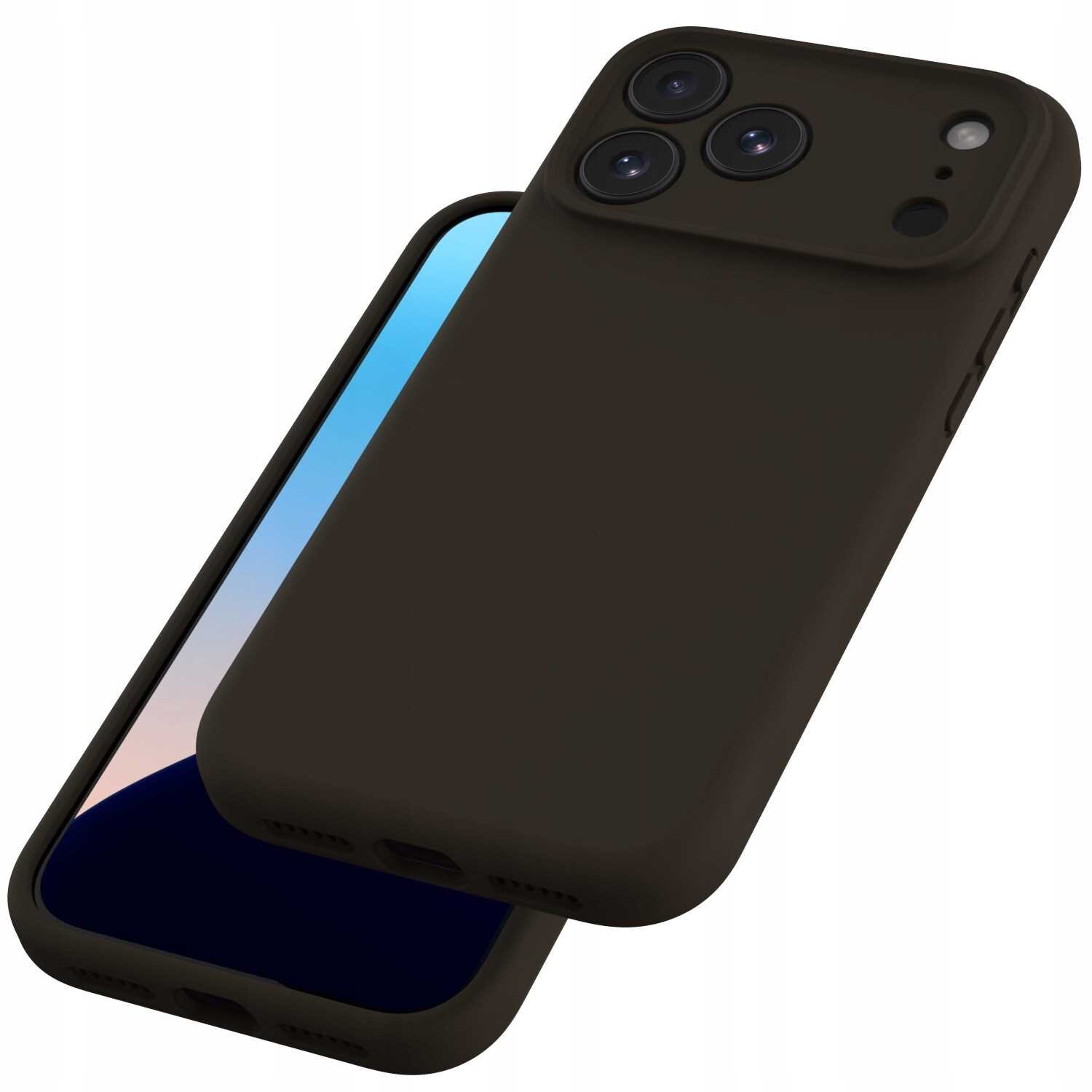 Na obrazie widoczne jest brązowe silikonowe etui na telefon z trzema otworami na aparaty. Etui jest pokazane z przodu i z tyłu, z widocznym ekranem telefonu.
