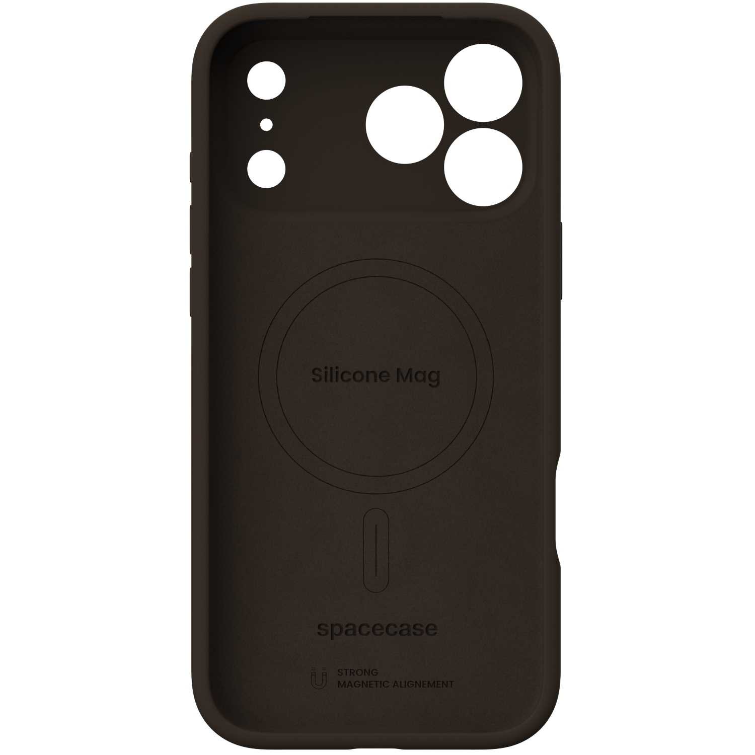 Brązowe silikonowe etui z wycięciami na aparat i napisem \'Silicone Mag\' oraz \'spacecase\'.