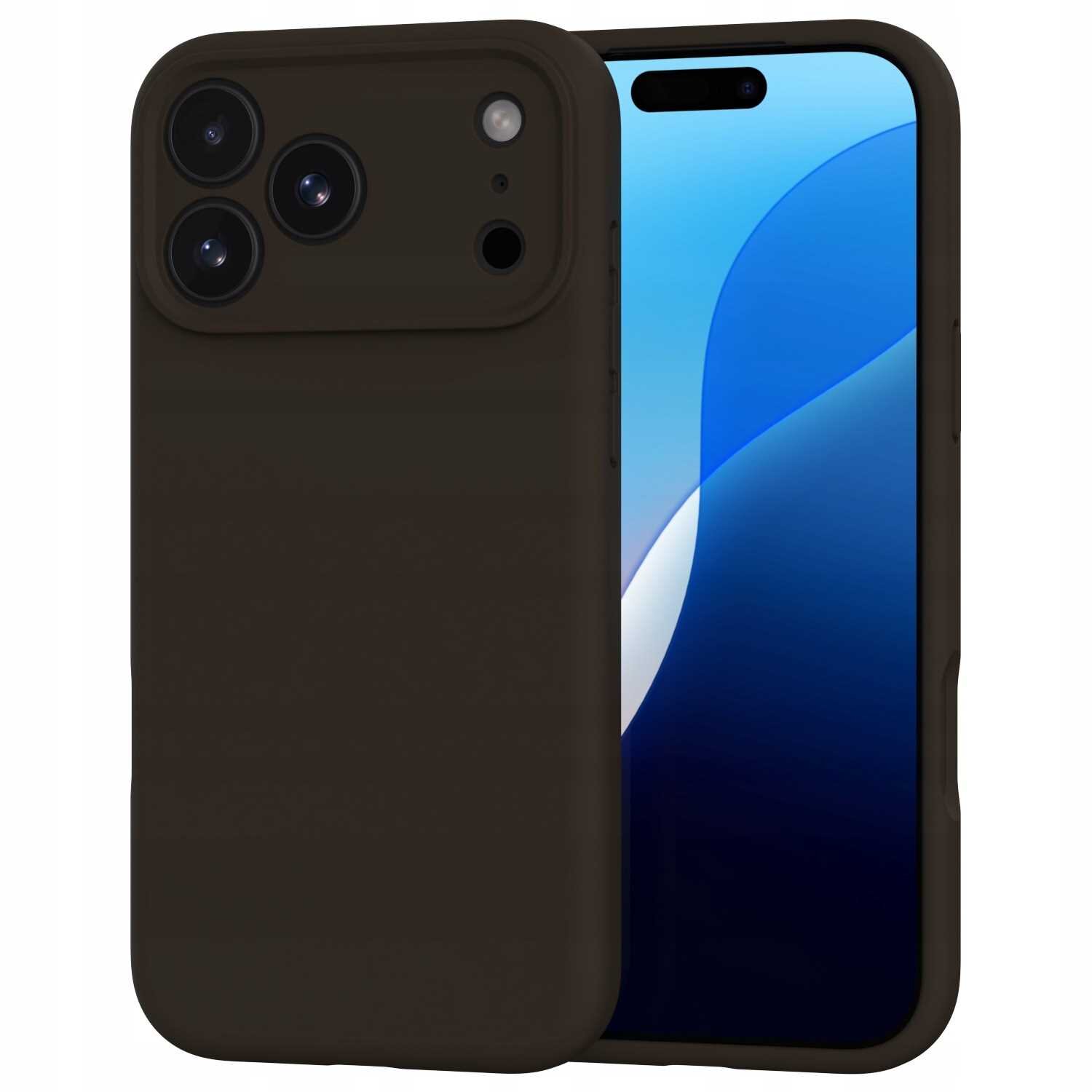Brązowe silikonowe etui na telefon z trzema widocznymi otworami na aparaty i dodatkowymi otworami na inne elementy. Obok etui widoczny jest telefon z wyświetlaczem pokazującym niebiesko-białą grafikę.