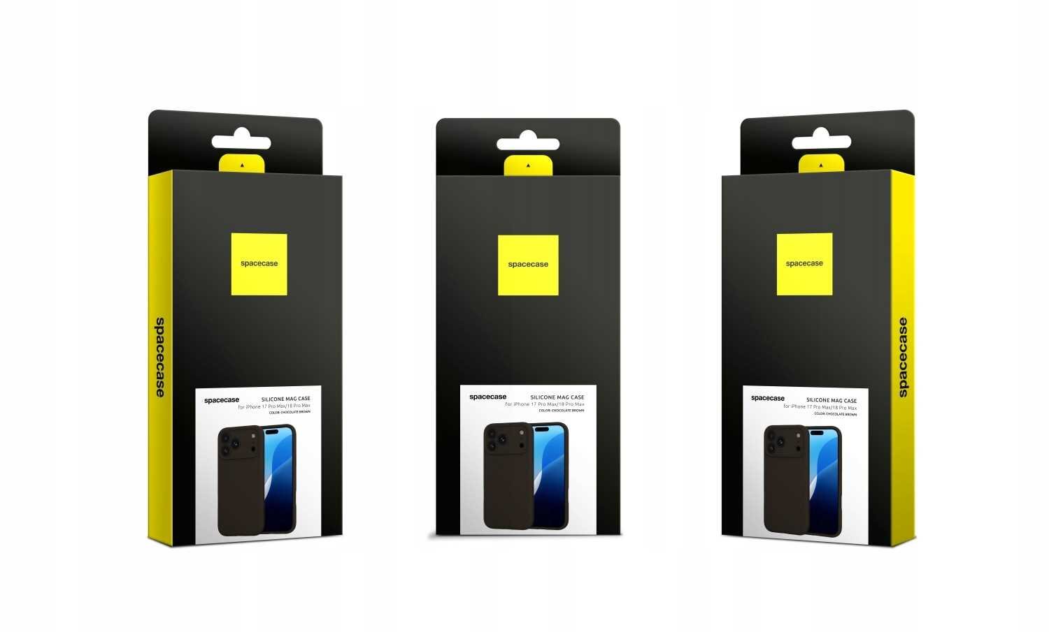 Trzy opakowania produktu z logo \'spacecase\' na żółtym tle. Na każdym opakowaniu widoczny jest obrazek przedstawiający telefon w etui oraz napis \'SILICONE MAG CASE\'.