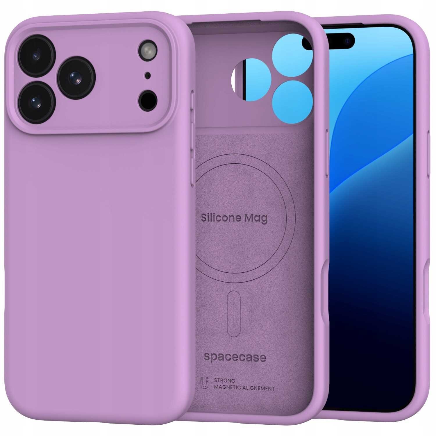 Różowe silikonowe etui magnetyczne z trzema otworami na aparaty i napisem \'Silicone Mag\' oraz \'spacecase\' wewnątrz. Etui jest przeznaczone do iPhone 17 Pro Max i posiada funkcję MagSafe.