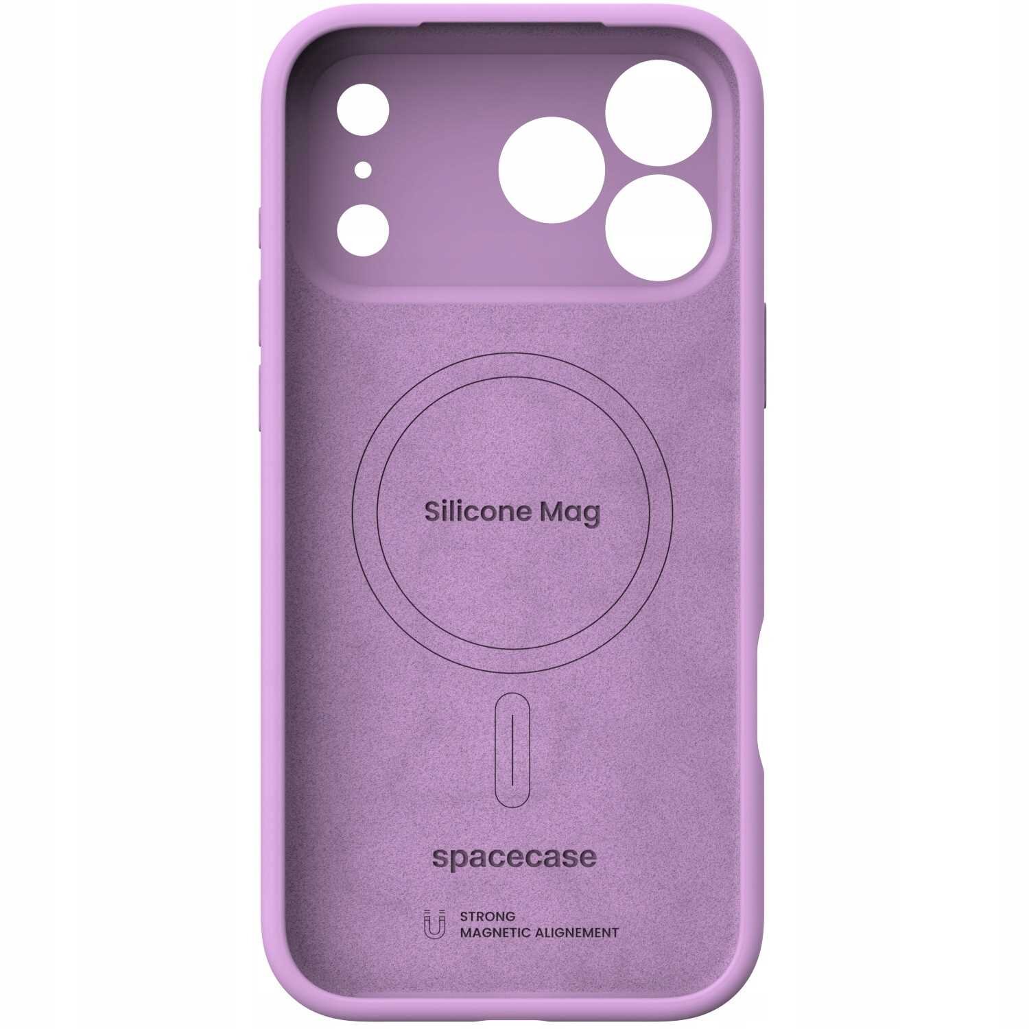 Różowe silikonowe etui z okrągłym wzorem i otworami na aparat. Widoczny tekst: \'Silicone Mag\', \'spacecase\', \'STRONG MAGNETIC ALIGNEMENT\'.