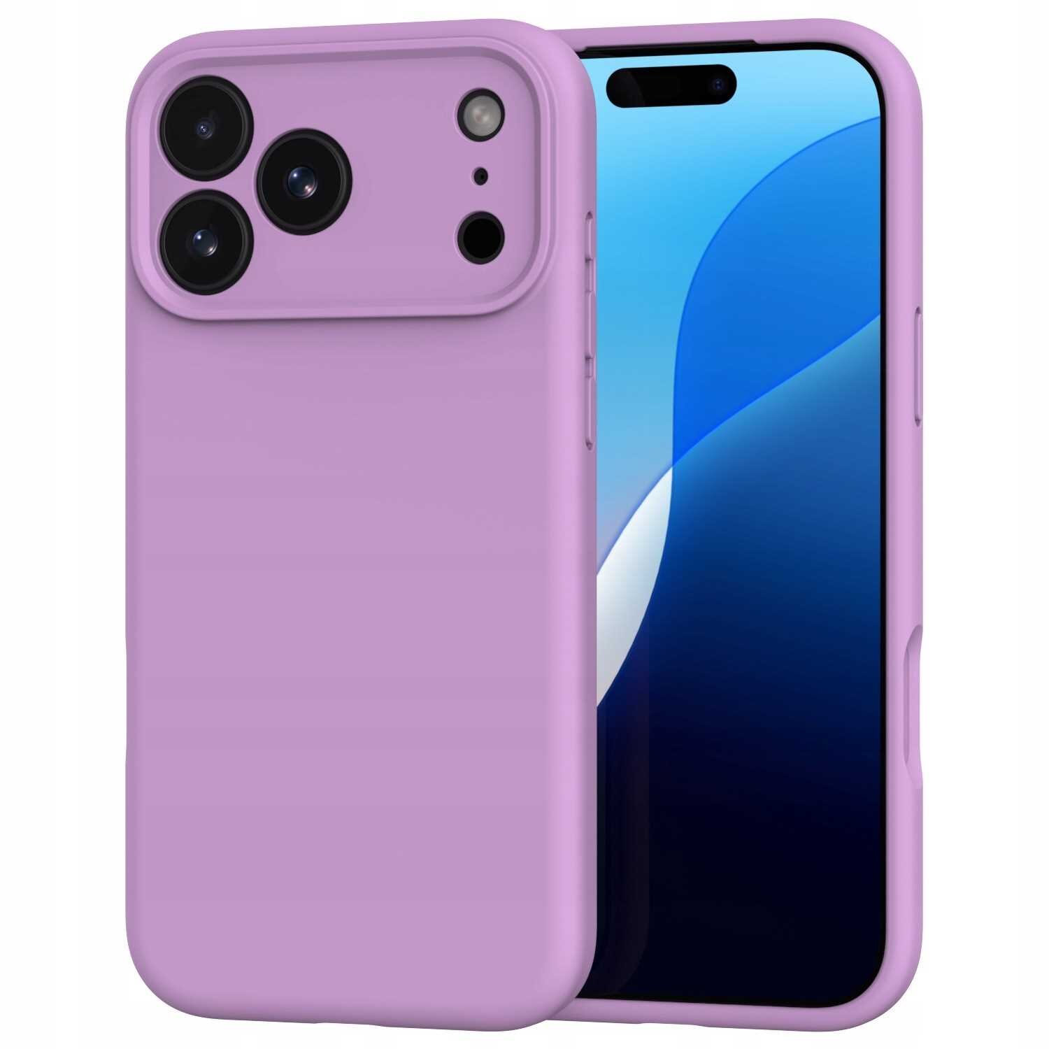 Różowe silikonowe etui na telefon z trzema dużymi otworami na aparaty i dodatkowymi mniejszymi otworami. Obok etui widoczny jest telefon z wyświetlaczem pokazującym niebiesko-czarną grafikę.