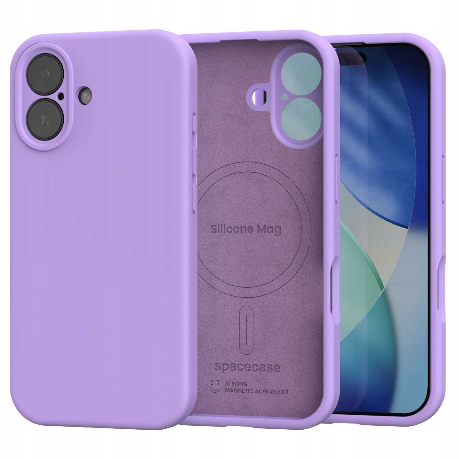 Fioletowe silikonowe etui magnetyczne z widocznym napisem \'Silicone Mag\' oraz logo \'spacecase\'. Etui jest przeznaczone do telefonu z dwoma obiektywami aparatu.