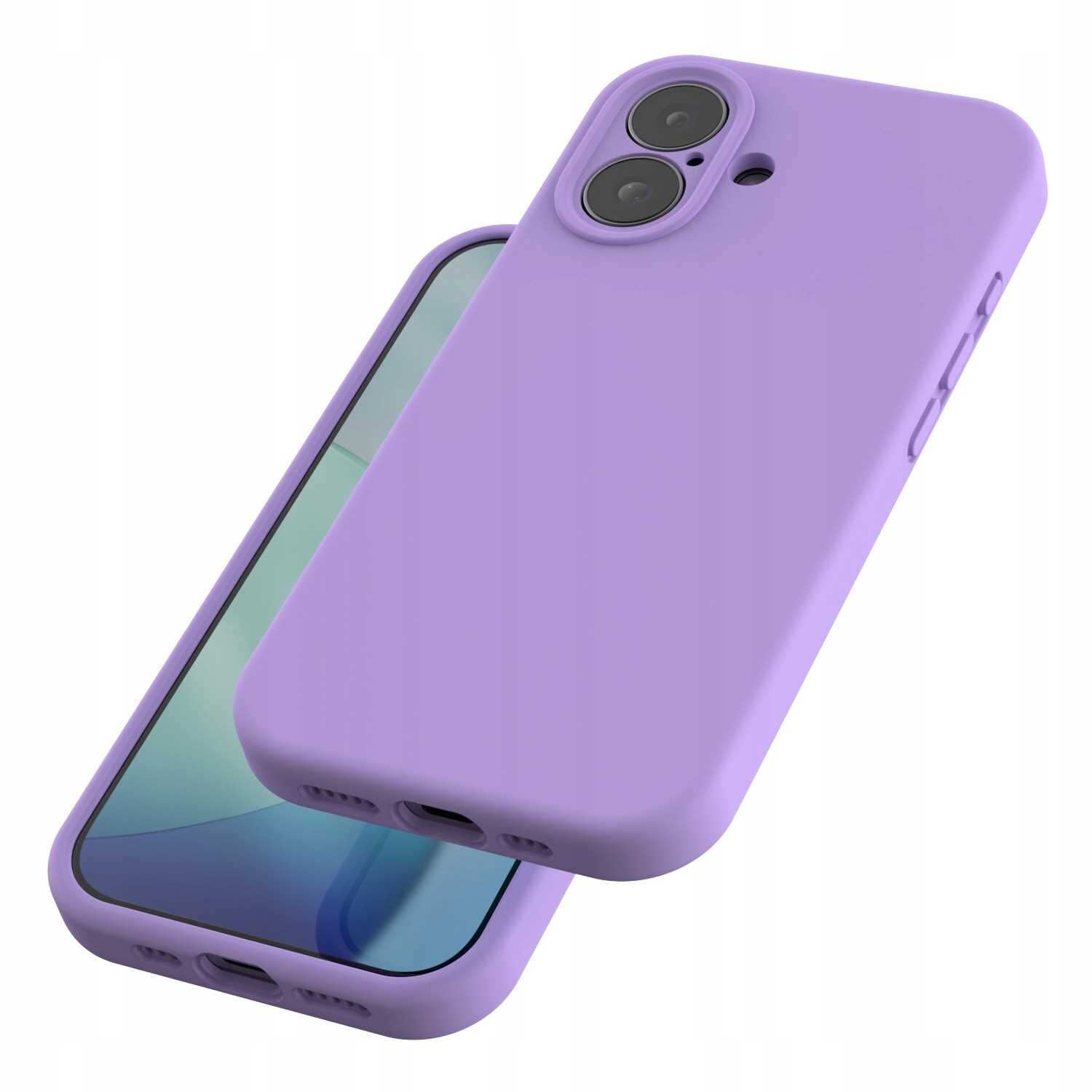 Na obrazie widoczne jest fioletowe silikonowe etui na telefon z dwoma otworami na aparaty. Etui ma gładką powierzchnię i wycięcia na przyciski oraz porty.