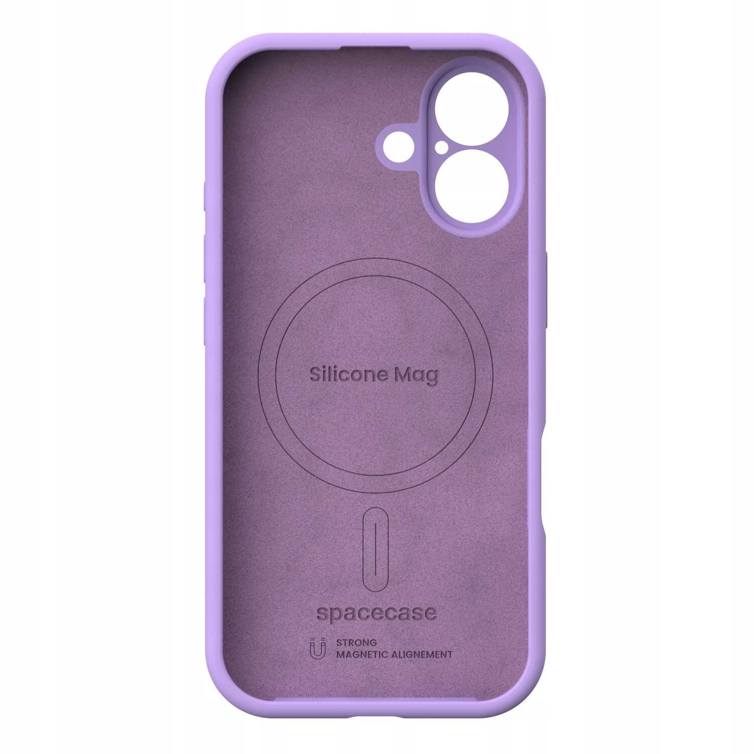 Fioletowe silikonowe etui z okrągłym wycięciem na aparat i napisem \'Silicone Mag\' oraz \'spacecase\'.