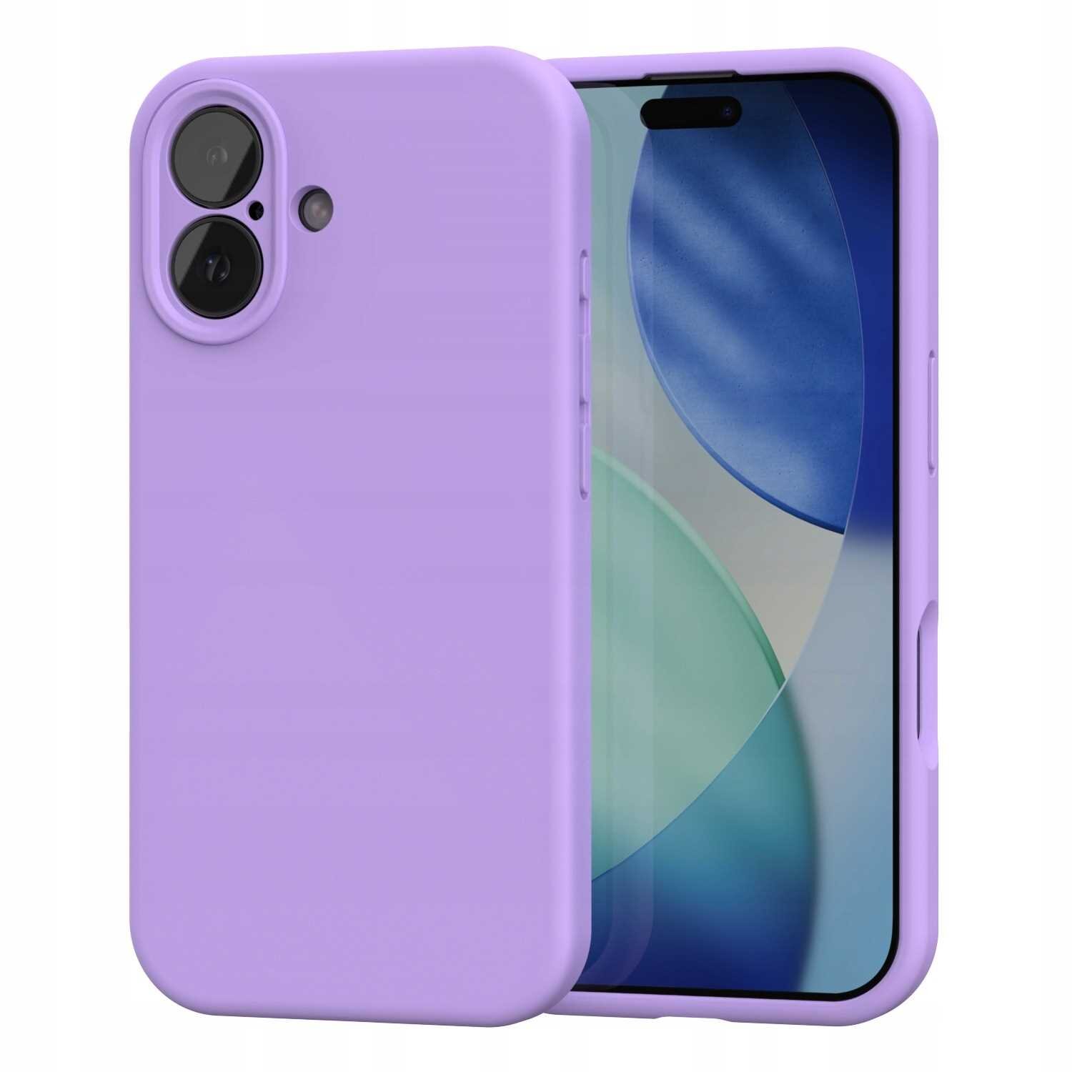 Fioletowe silikonowe etui na telefon z widocznymi wycięciami na aparat i przyciski. Telefon w etui ma wyświetlony abstrakcyjny wzór na ekranie.