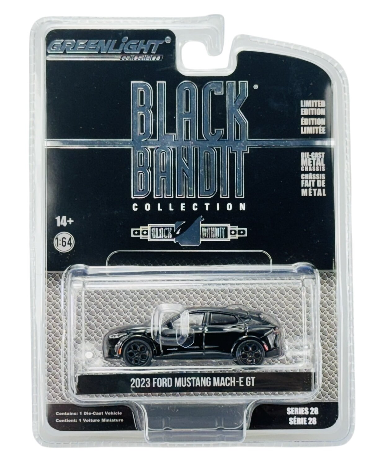 Opakowanie z napisem \'GREENLIGHT COLLECTIBLES BLACK BANDIT COLLECTION\'. Widoczne są również napisy \'LIMITED EDITION\' oraz \'DIE-CAST METAL CHASSIS\'.