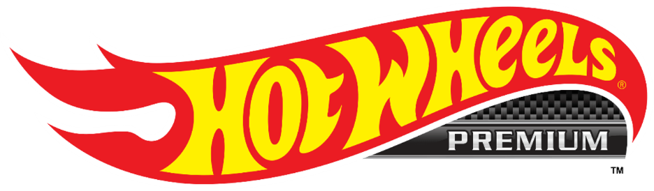 Logo Hot Wheels Premium z żółtym napisem na czerwonym tle w kształcie płomienia oraz czarno-białym wzorem szachownicy.