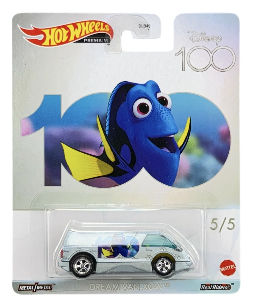 Opakowanie z logo \'Hot Wheels Premium\' i postacią z filmu \'Gdzie jest Dory\' na tle liczby 100 oraz logo \'Disney 100\'.