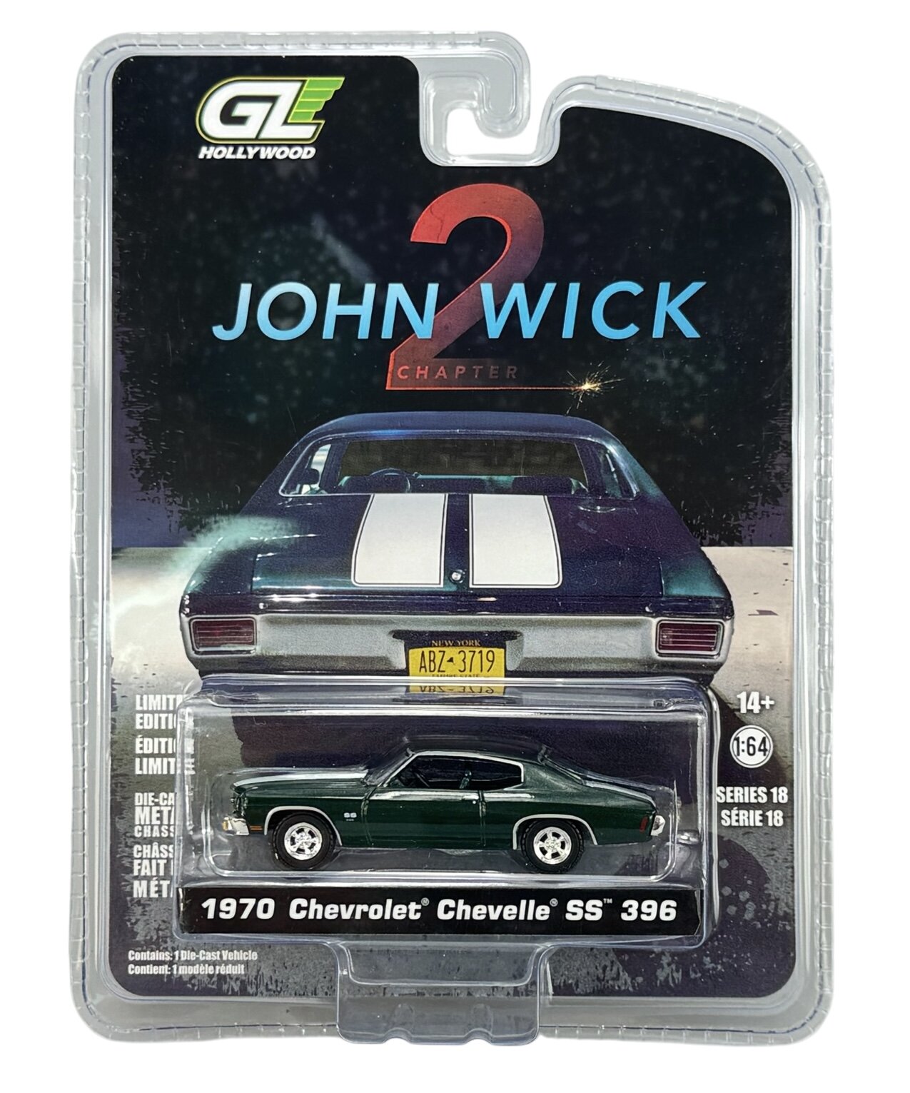 Opakowanie modelu samochodu z napisem \'1970 Chevrolet Chevelle SS 396\' oraz grafiką przedstawiającą tył pojazdu z tablicą rejestracyjną \'ABZ-3719\'. Widoczne logo \'GL Hollywood\' i tytuł \'John Wick Chapter 2\'.