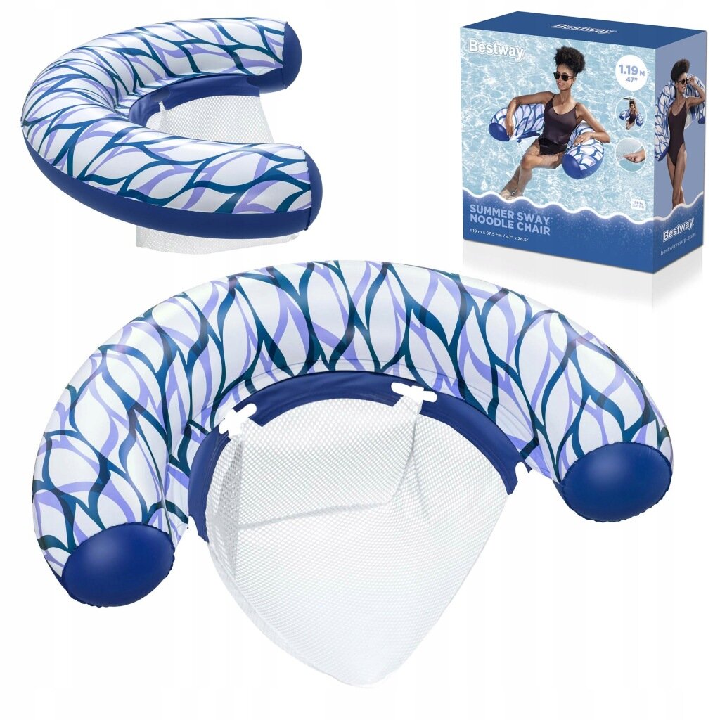Dmuchany fotel z wzorem w niebieskie i fioletowe liście oraz siatkowym siedziskiem. Obok znajduje się pudełko z napisem \'Bestway Summer Sway Noodle Chair\'.