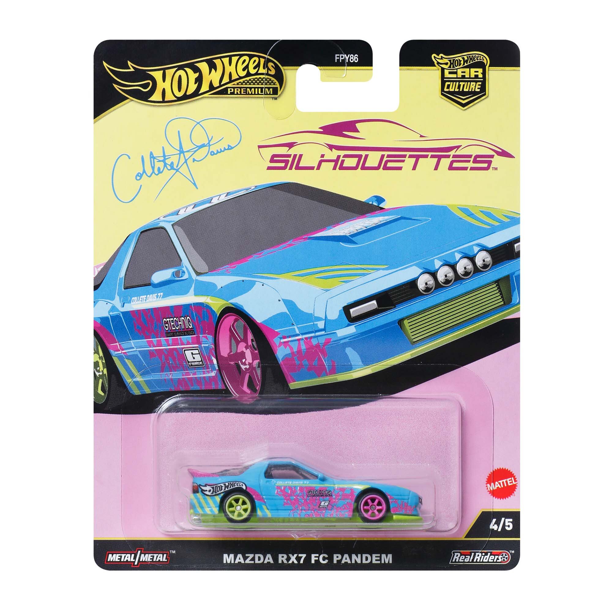 Opakowanie modelu samochodu Hot Wheels z grafiką niebieskiego auta z różowymi i zielonymi akcentami. Widoczny tekst: \'Hot Wheels Premium\', \'Silhouettes\', \'Mazda RX7 FC Pandem\', \'Metal/Metal\', \'Real Riders\', \'4/5\'.
