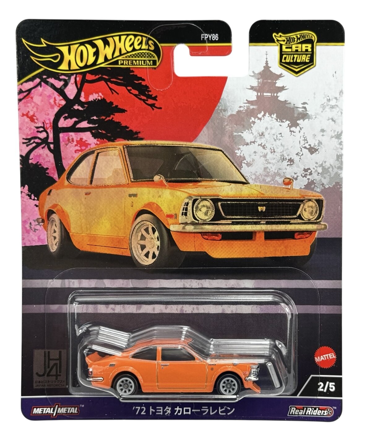Opakowanie z modelem samochodu Hot Wheels Premium, przedstawiające pomarańczowy samochód z lat 70. Na opakowaniu widnieje napis: \'72 トヨタ カローラレビン\'.