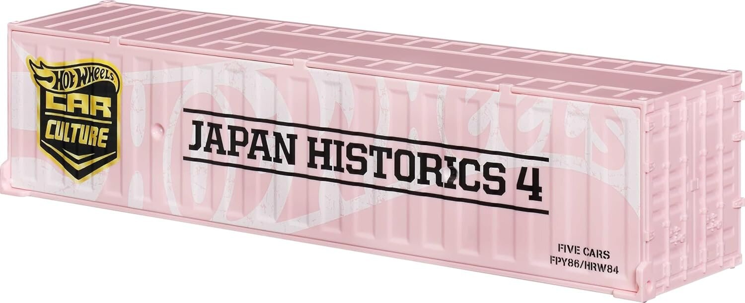 Różowy kontener z napisem \'JAPAN HISTORICS 4\' oraz logo \'Hot Wheels Car Culture\'.