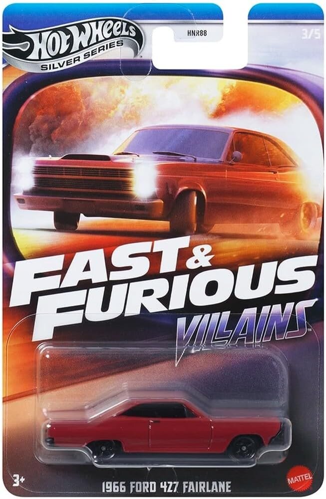 Opakowanie z modelem samochodu Hot Wheels, przedstawiające czerwony 1966 Ford 427 Fairlane. Na opakowaniu widnieje napis \'FAST & FURIOUS VILLAINS\' oraz logo \'Mattel\'.