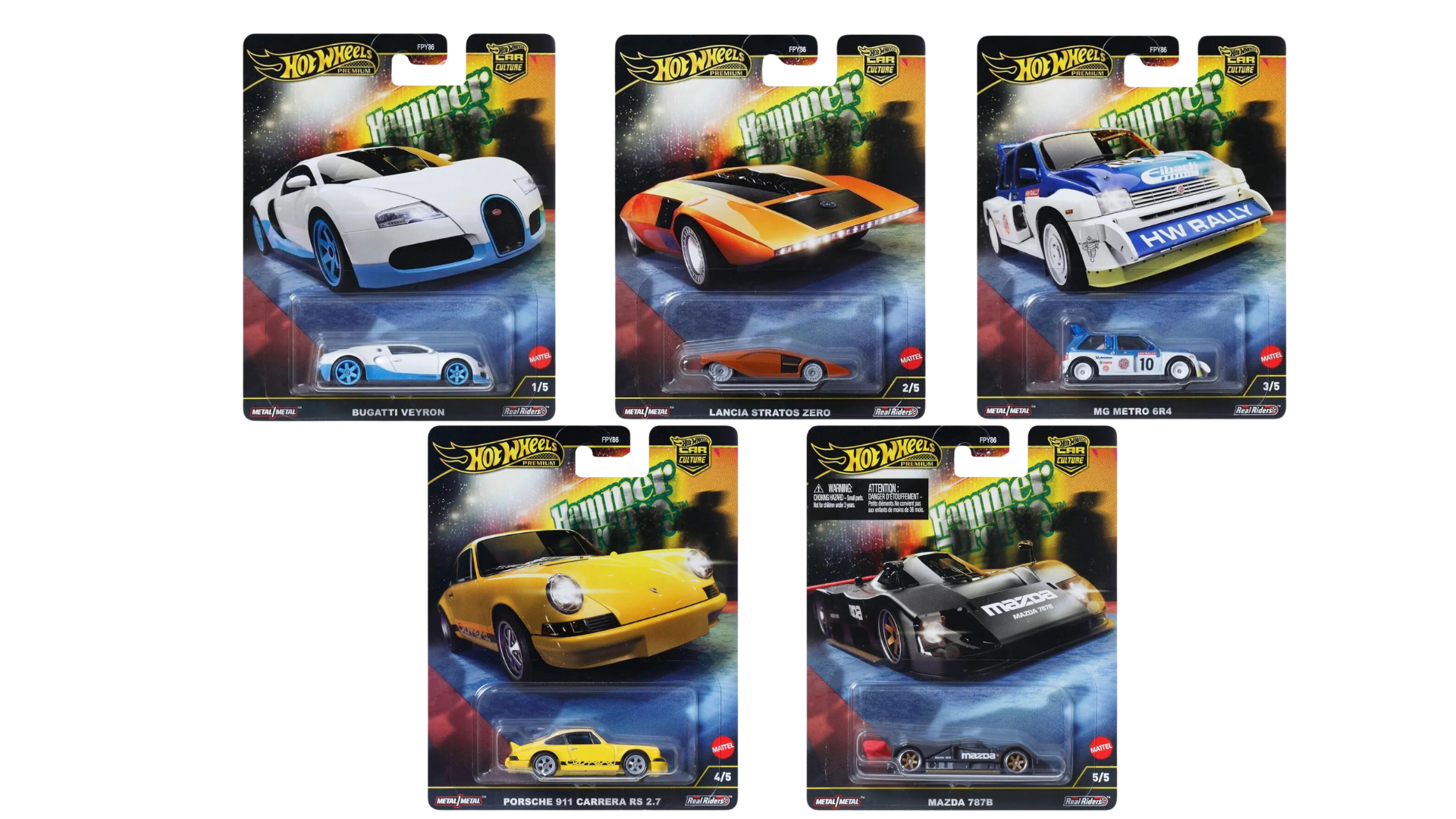 Na obrazie widoczne są pięć opakowań modeli samochodów Hot Wheels Premium, każdy z innym modelem: Bugatti Veyron, Lancia Stratos Zero, MG Metro 6R4, Porsche 911 Carrera RS 2.7 i Mazda 787B. Każde opakowanie zawiera metalowy model samochodu oraz grafikę przedstawiającą pełnowymiarowy pojazd.