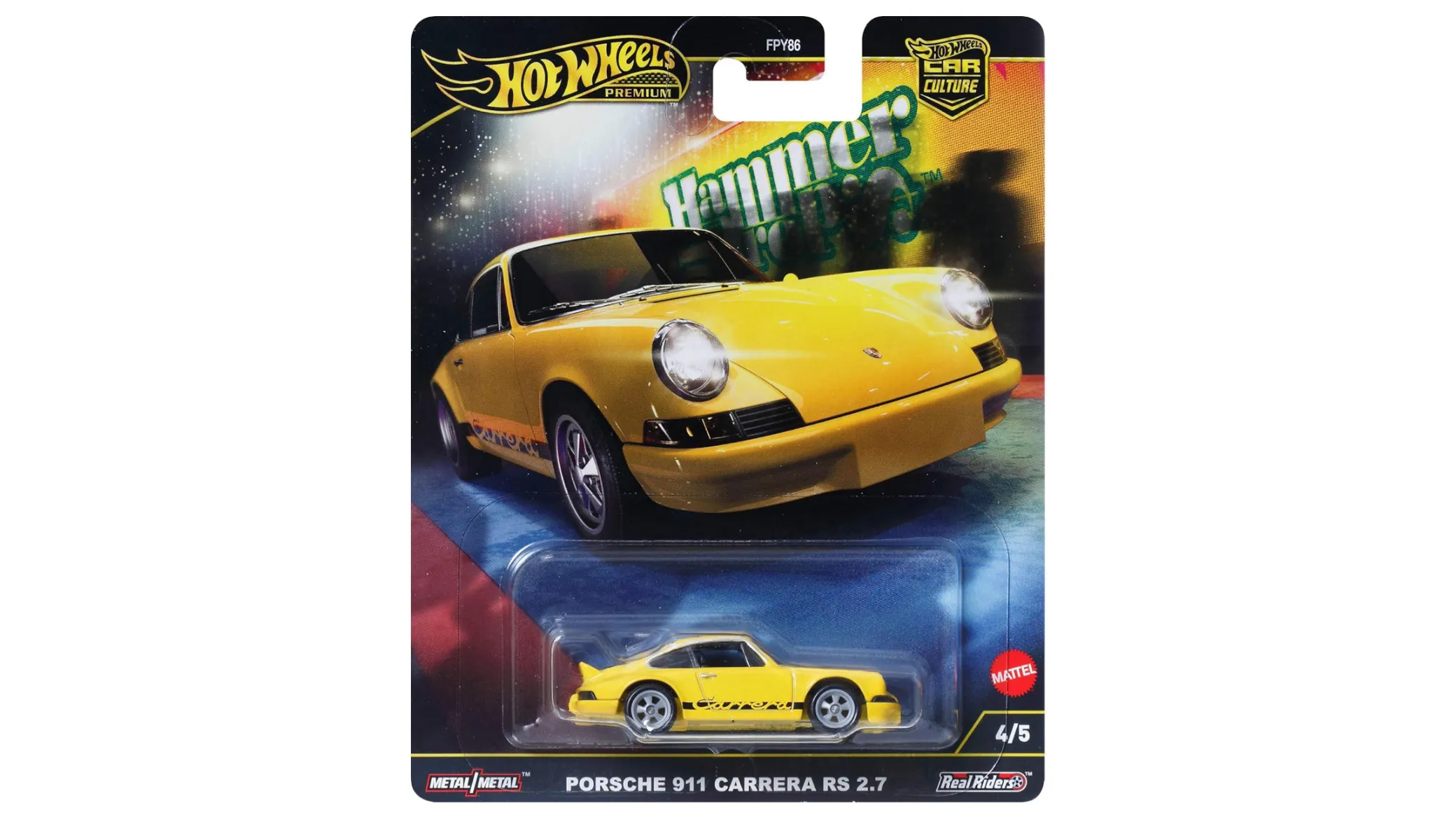 Opakowanie z modelem samochodu Hot Wheels Premium przedstawiające żółty samochód Porsche 911 Carrera RS 2.7. Na opakowaniu widoczne są napisy: \'Hot Wheels Premium\', \'Hammer Drops\', \'Metal/Metal\', \'Real Riders\', \'Mattel\', \'4/5\'.