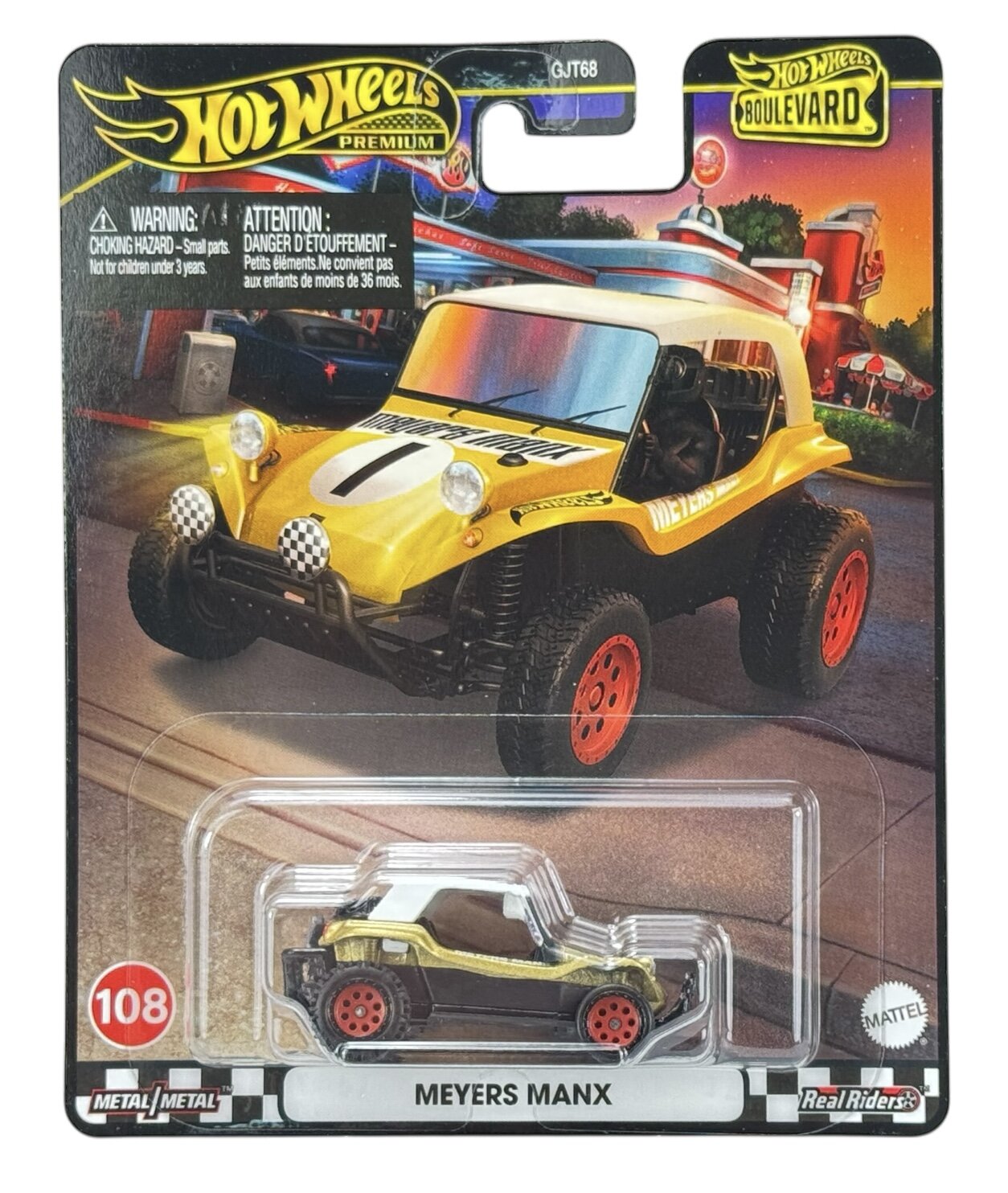 Opakowanie z modelem samochodu Hot Wheels Premium Boulevard, przedstawiające żółty pojazd terenowy z numerem 1 na masce. Na dole opakowania widnieje napis \'MEYERS MANX\'.