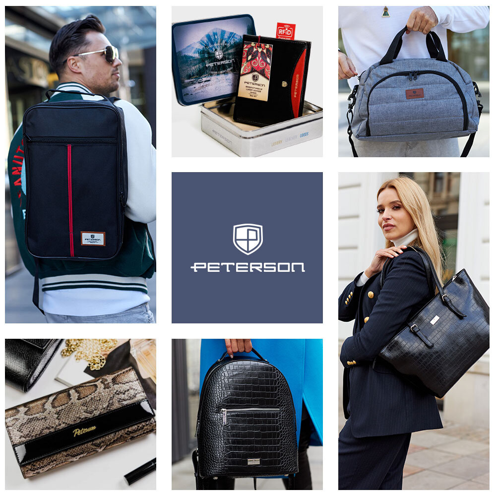 Obraz przedstawia mężczyznę w okularach przeciwsłonecznych oraz fragmenty produktów, w tym opakowanie z logo PETERSON i oznaczeniem RFID. Widoczna jest także ręka trzymająca torbę.