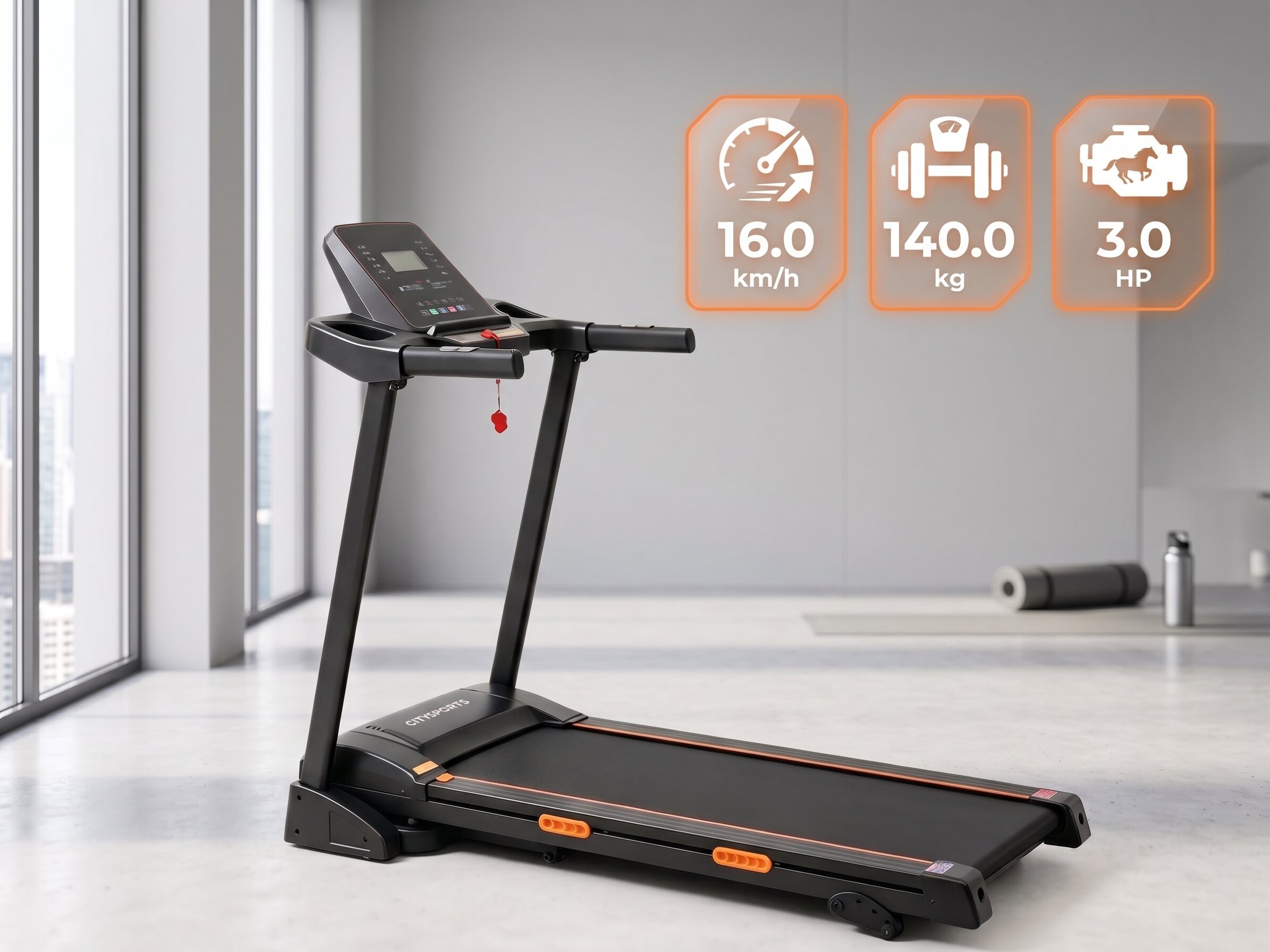 Na obrazie znajduje się bieżnia elektryczna w nowoczesnym wnętrzu. Widoczne są ikony z informacjami: 16.0 km/h, 140.0 kg, 3.0 HP.