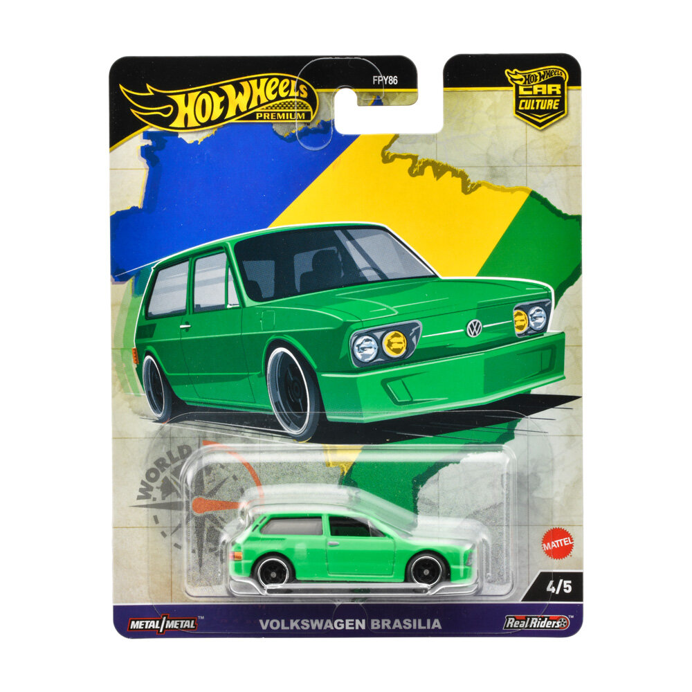 Opakowanie z modelem samochodu Hot Wheels Premium, przedstawiające zielony samochód Volkswagen Brasilia. Na opakowaniu widoczne są napisy: \'Hot Wheels Premium\', \'Volkswagen Brasilia\', \'Metal/Metal\', \'Real Riders\', \'4/5\', oraz logo \'Mattel\'.