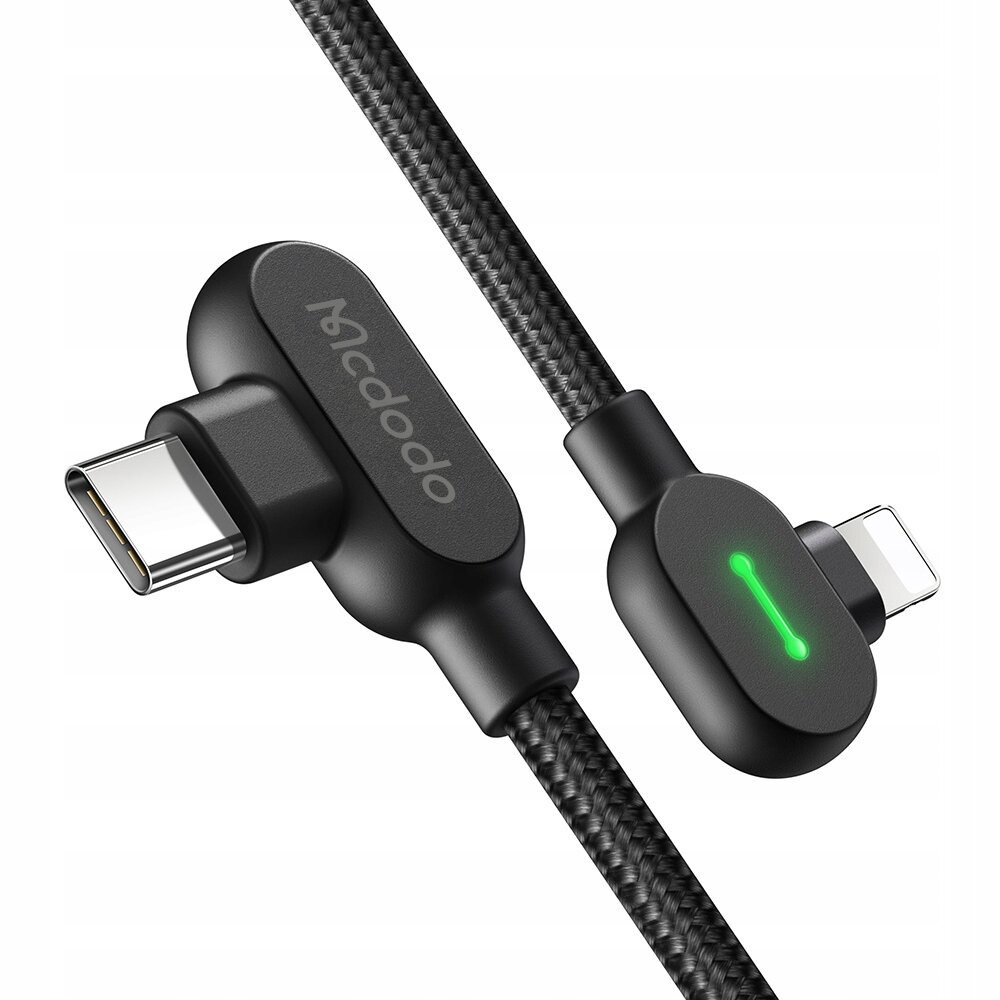 Na obrazie widoczny jest czarny kabel z dwoma końcówkami: USB-C i Lightning, z logo \'Mcdodo\' na jednej z nich. Kabel ma plecioną strukturę, a jedna z końcówek posiada zielony wskaźnik LED.