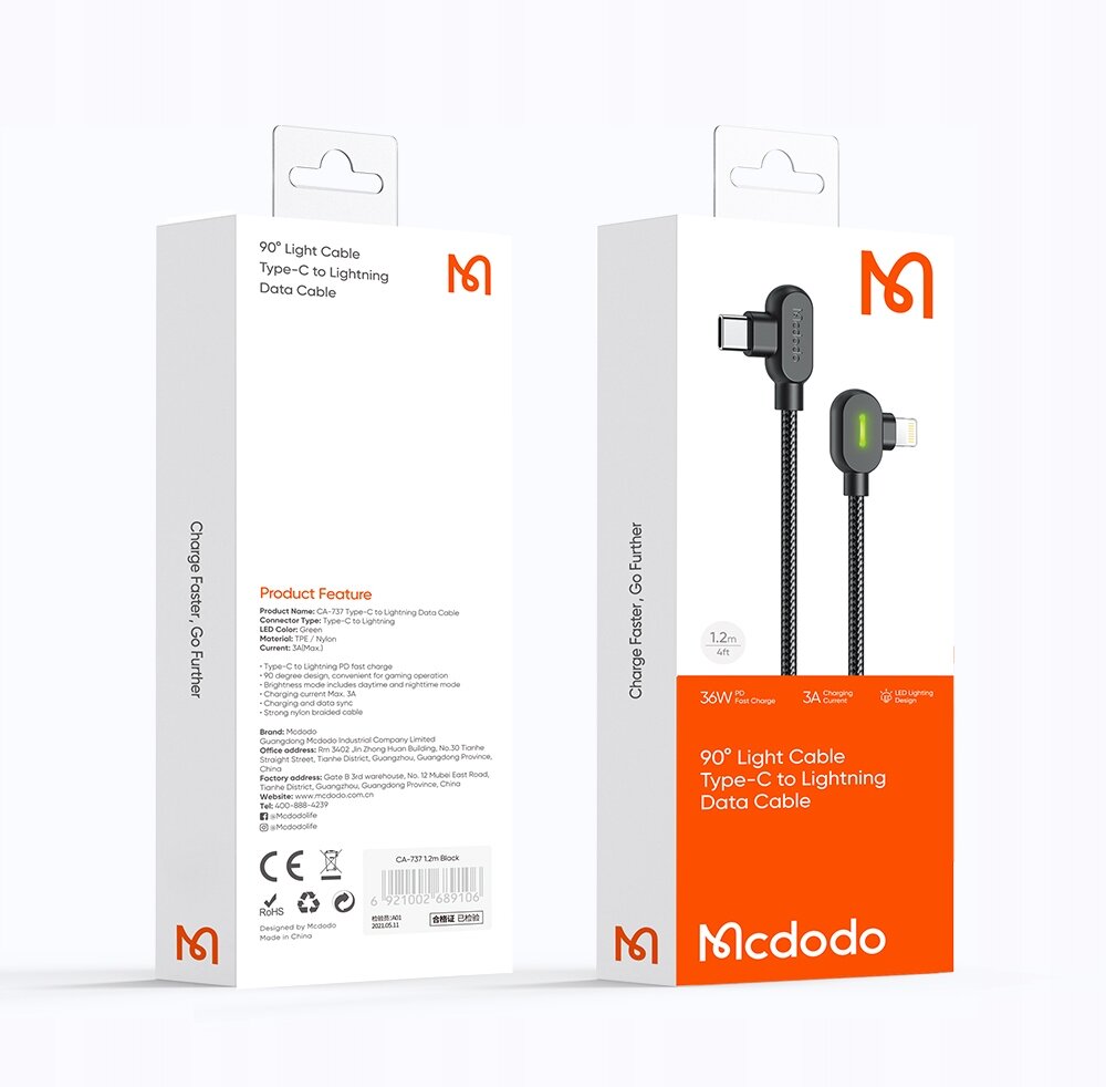 Opakowanie kabla Mcdodo z wtyczką kątową 90° USB-C do Lightning, o długości 1,2 m. Na opakowaniu widoczne są informacje o szybkim ładowaniu 36W i wskaźniku LED.