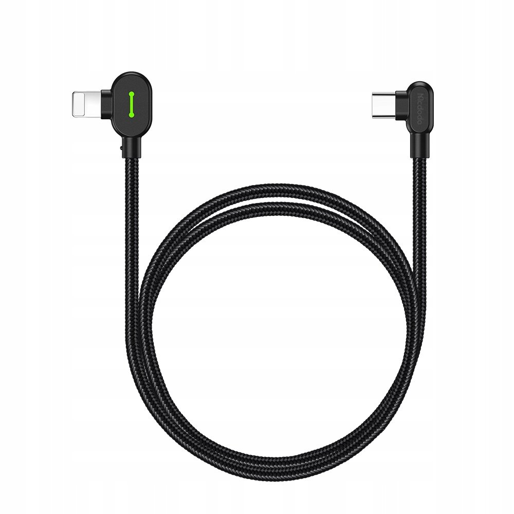 Czarny kabel z dwoma kątowymi złączami, jednym USB-C i jednym Lightning, z zielonym elementem na jednym z końców. Kabel jest opleciony materiałem i zwinięty w okrąg.