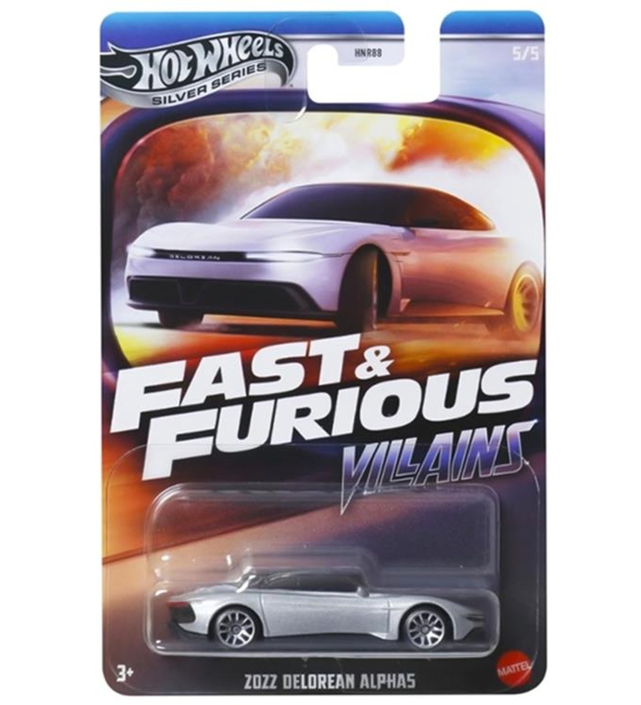 Opakowanie z modelem samochodu Hot Wheels, przedstawiające srebrny pojazd Delorean Alpha5 z serii Fast & Furious Villains. Na górze widoczne jest logo Hot Wheels Silver Series oraz napis \'Fast & Furious Villains\'.
