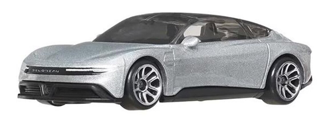 Model samochodu w kolorze srebrnym z napisem \'DELOREAN\' na przodzie. Posiada czarne detale i srebrne felgi.